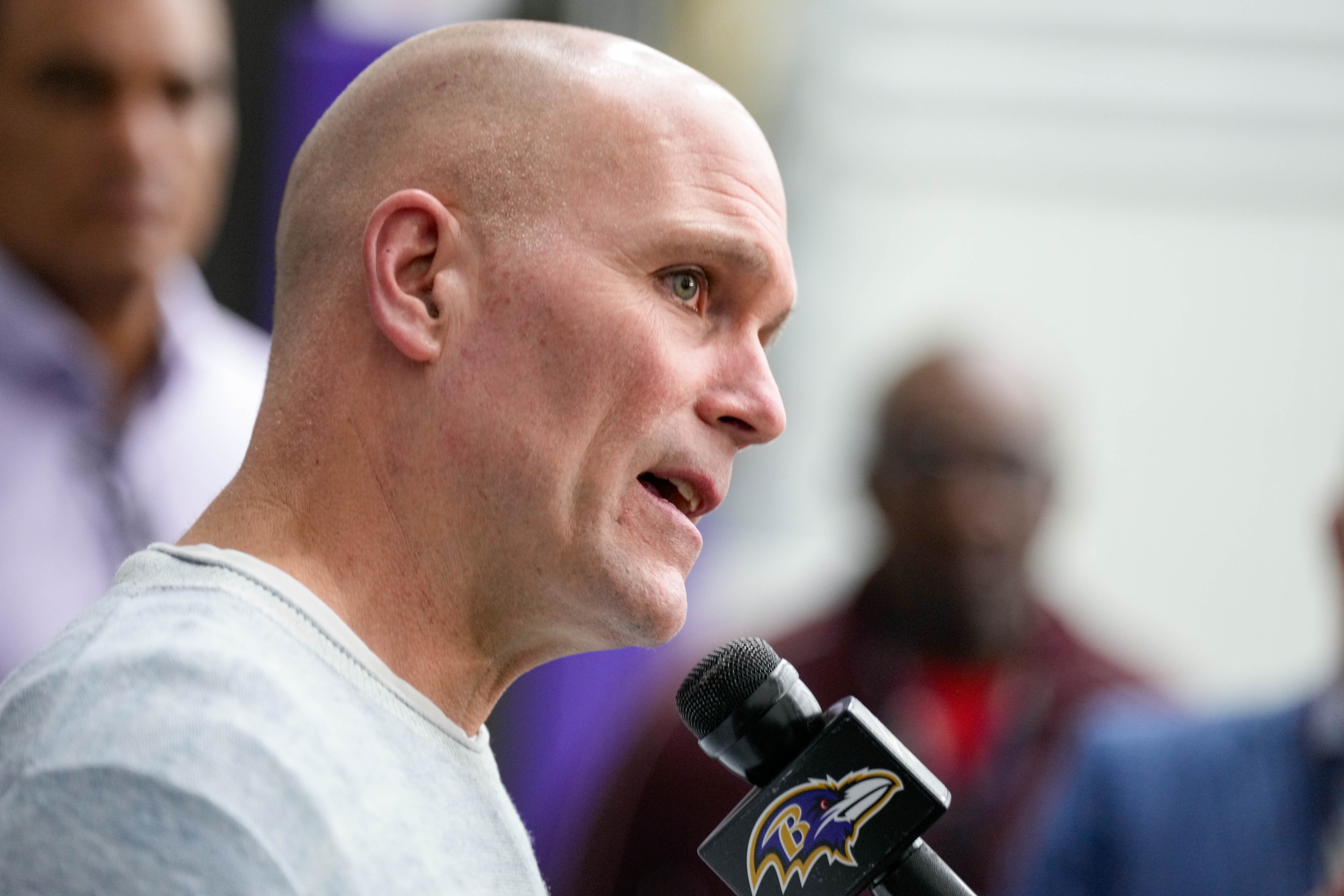 Ravens general manager Eric DeCosta takes questions from reporters during a news conference on March 11.