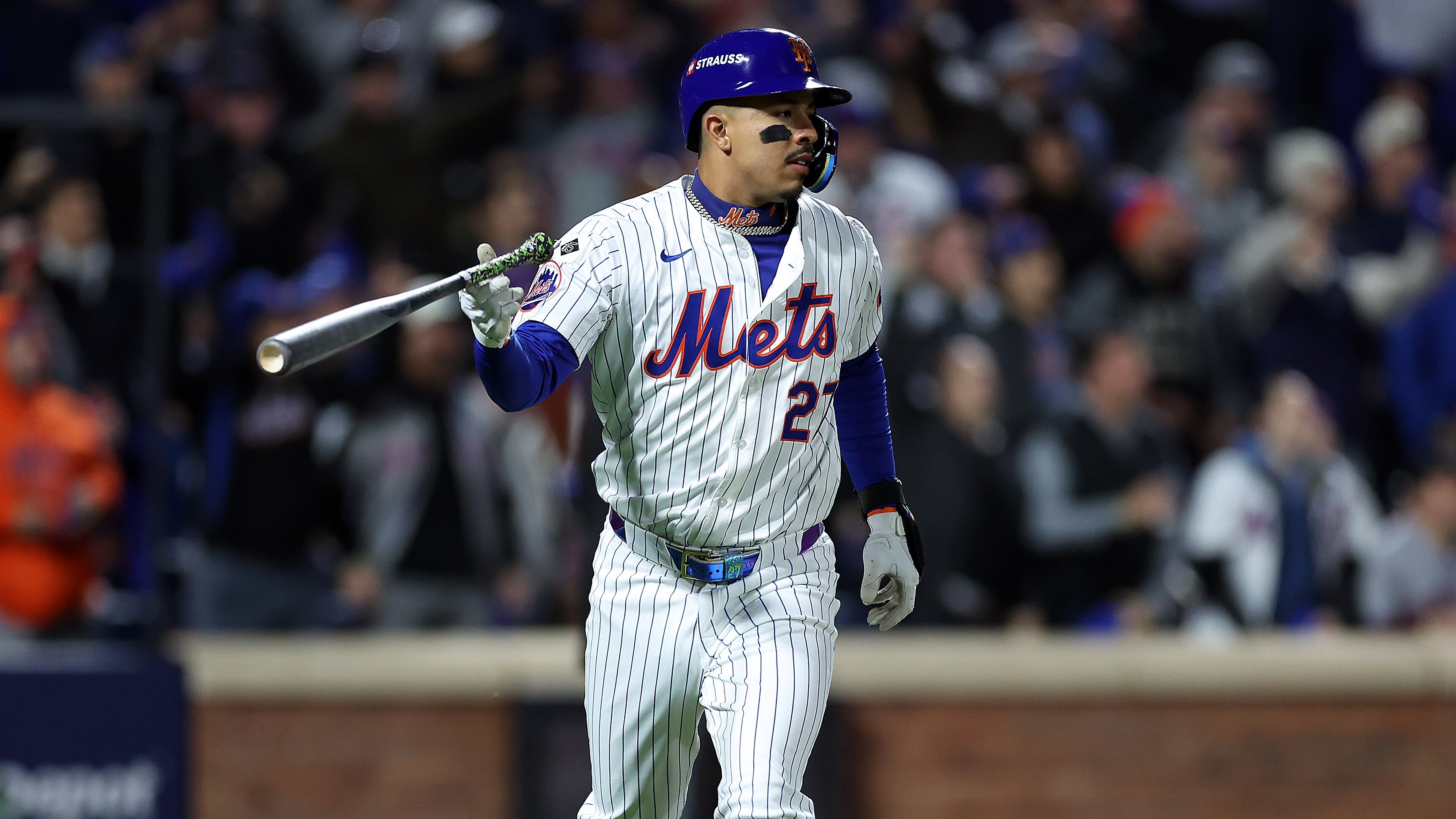 NEW YORK, NEW YORK - OCTOBER 17: Mark Vientos #27 of the New York Mets celebrates a home run during the first inning against the Los Angeles Dodgers during Game Four of the National League Championship Series at Citi Field on October 17, 2024 in New York City. (Photo by Luke Hales/Getty Images)