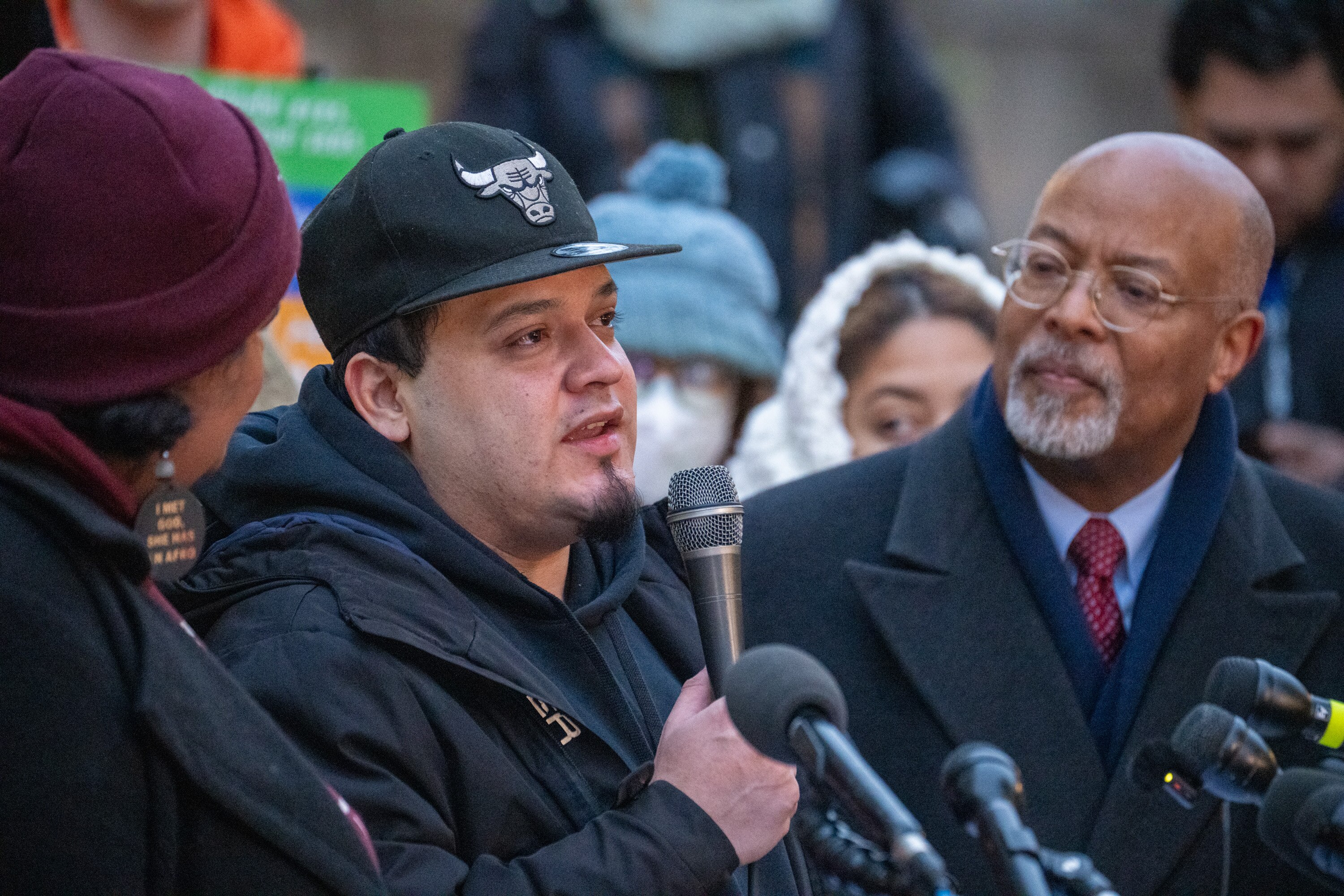 Kilmar Abrego Garcia speaks at a rally outside the George H. Fallon Federal Building in downtown Baltimore before checking in with ICE a day after he was released from detention in Pennsylvania.