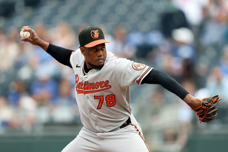 KANSAS CITY, MISSOURI - APRIL 22: Yennier Cano #78 of the Baltimore Orioles pitches during the game against the Kansas City Royals at Kauffman Stadium on April 22, 2026 in Kansas City, Missouri.