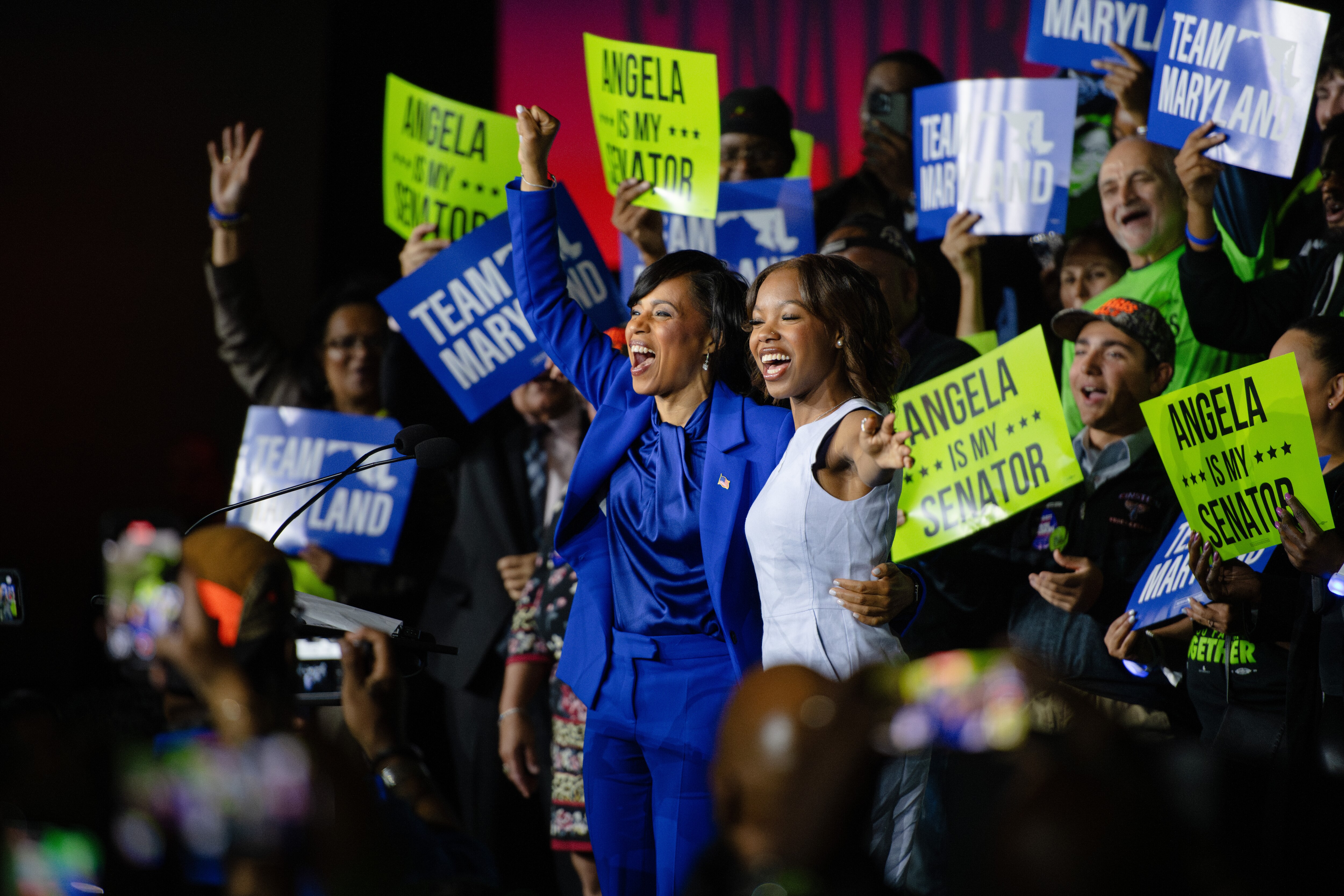 Angela Alsobrooks speaks following her Senate seat win at her election night event held in College Park, MD on November 5th, 2024.