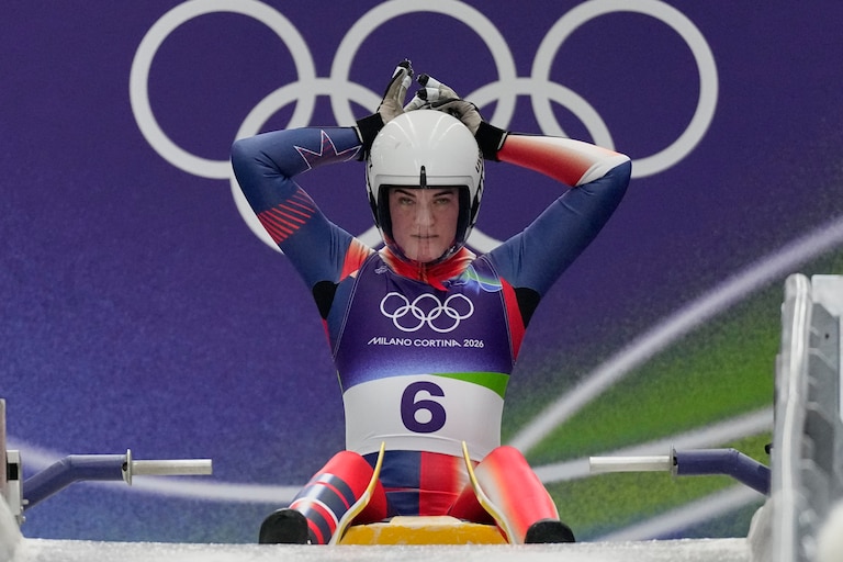 United States' Summer Britcher prepares to start for a women's single luge run at the 2026 Winter Olympics, in Cortina d'Ampezzo, Italy, Monday, Feb. 9, 2026. (AP Photo/Aijaz Rahi)