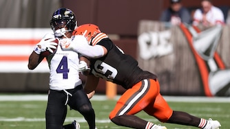 CLEVELAND, OHIO - OCTOBER 18: Carson Schwesinger #49 of the Cleveland Browns tackles Zay Flowers #4 of the Baltimore Ravens during the second quarter of the game at Huntington Bank Field on October 18, 2026 in Cleveland, Ohio. (Photo by Gregory Shamus/Getty Images)