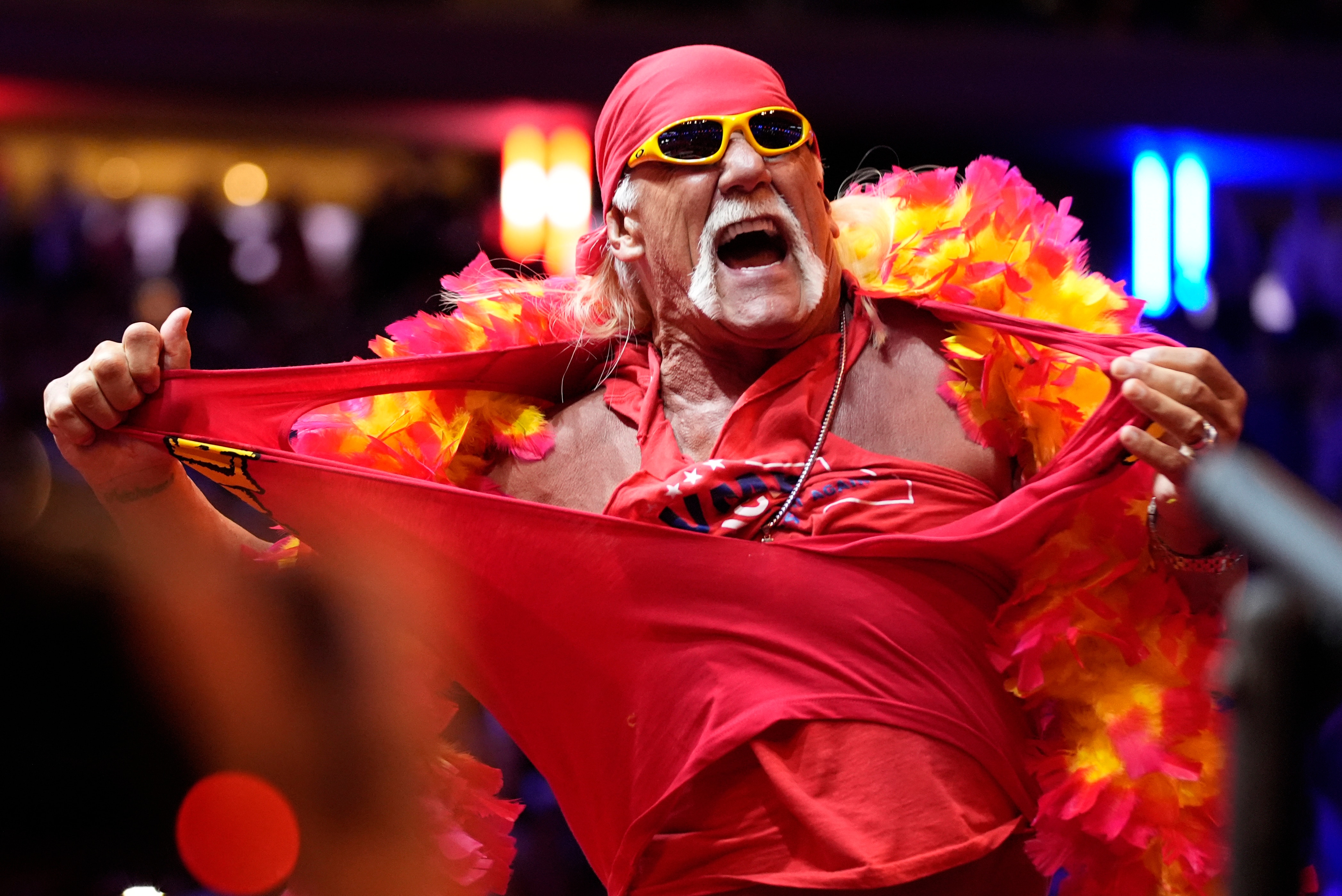Hulk Hogan rips his shirt before Republican presidential nominee former President Donald Trump speaks at a campaign rally at Madison Square Garden, Oct. 27, 2024, in New York.