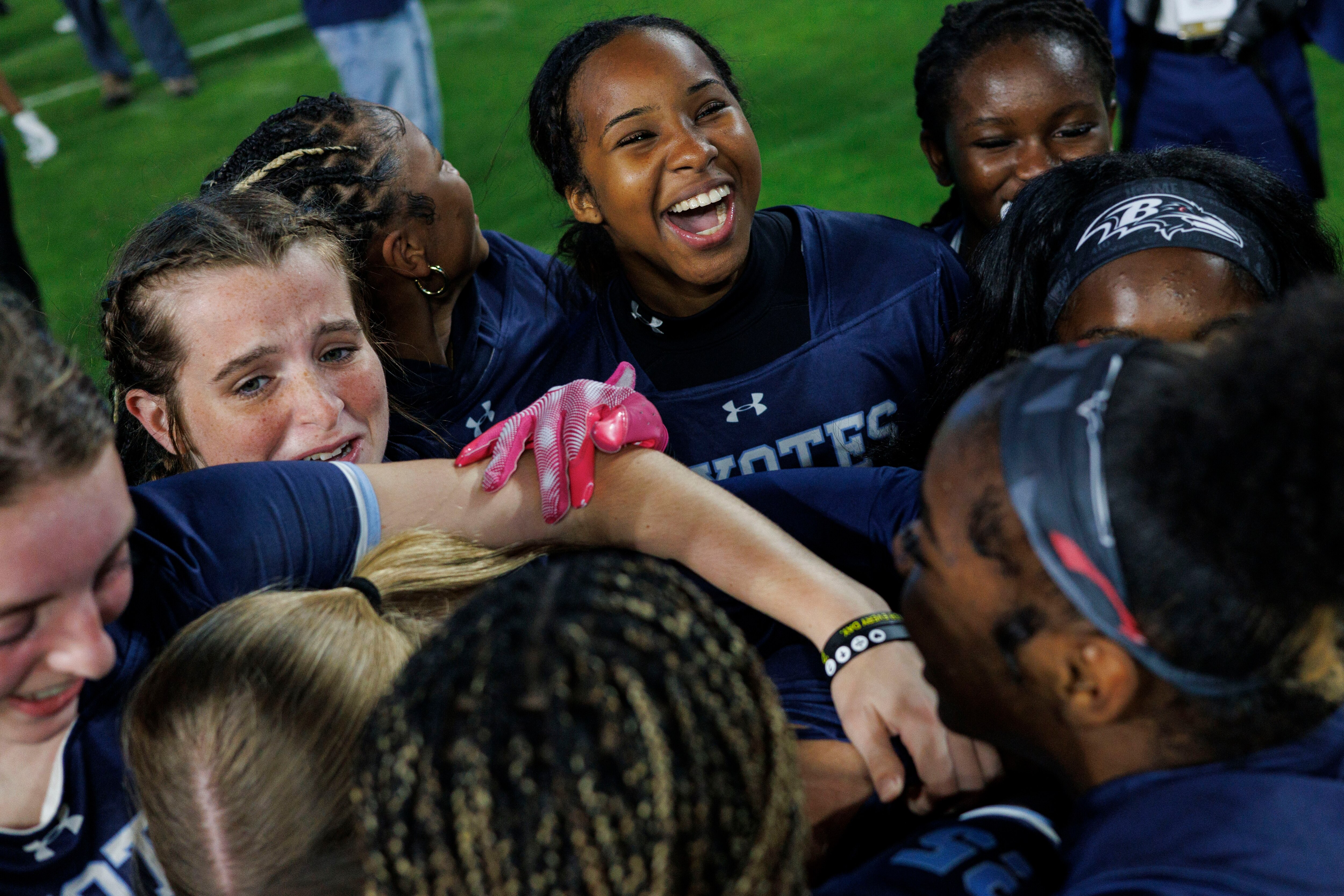 The Clarksburg Coyotes celebrate after winning the Maryland girls flag football championship at M&T Bank Stadium on Saturday.