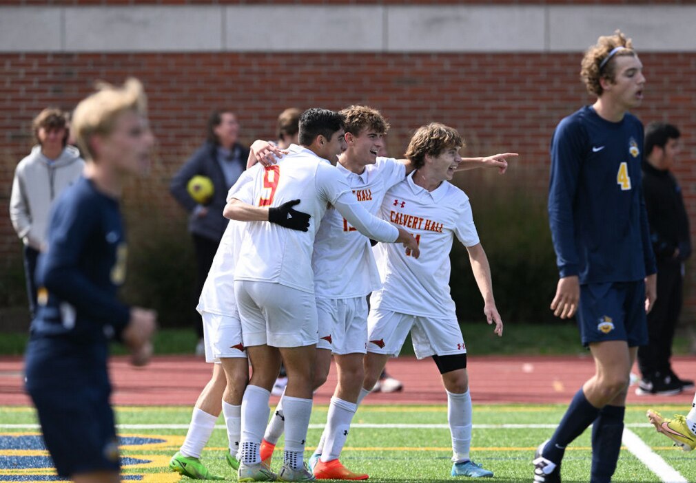 Calvert Hall celebrates a goal during the Cardinals win over St. Ignatius (OH), Saturday afternoon in Cleveland.