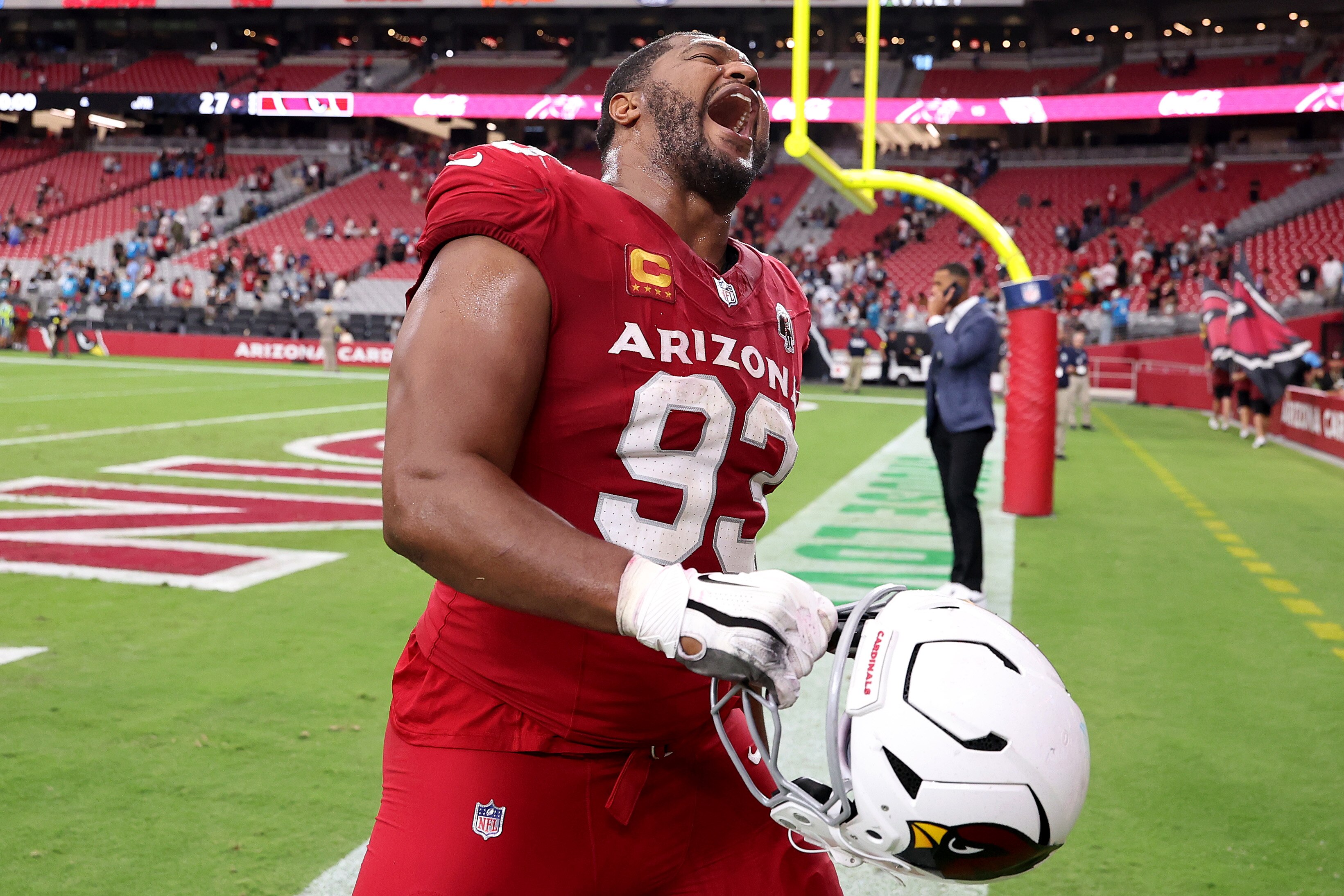 Former Arizona Cardinals defensive lineman Calais Campbell celebrates following the team’s Week 2 win against the Carolina Panthers.