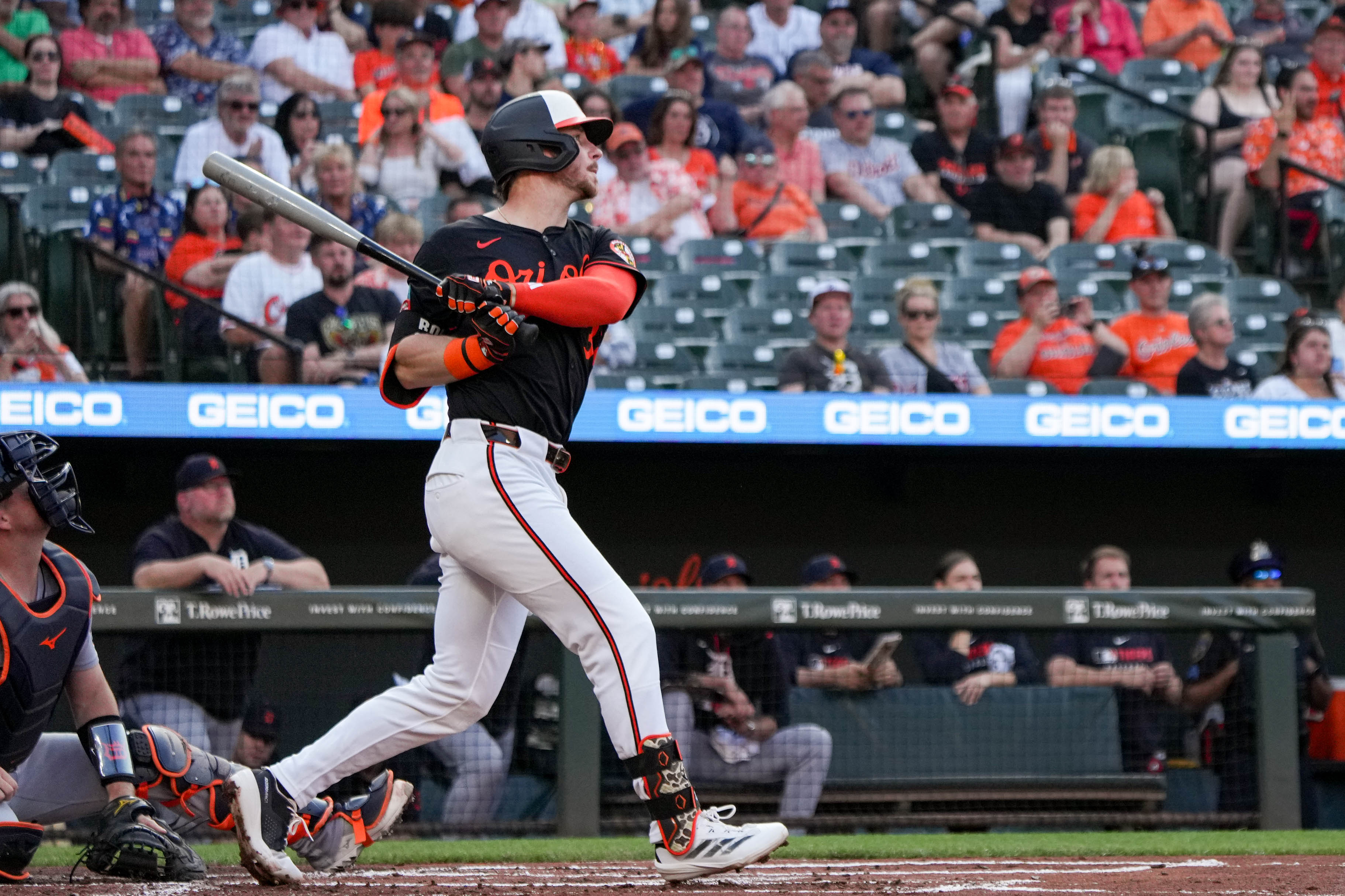Ryan O'Hearn connects with a pitch against the Detroit Tigers in June.