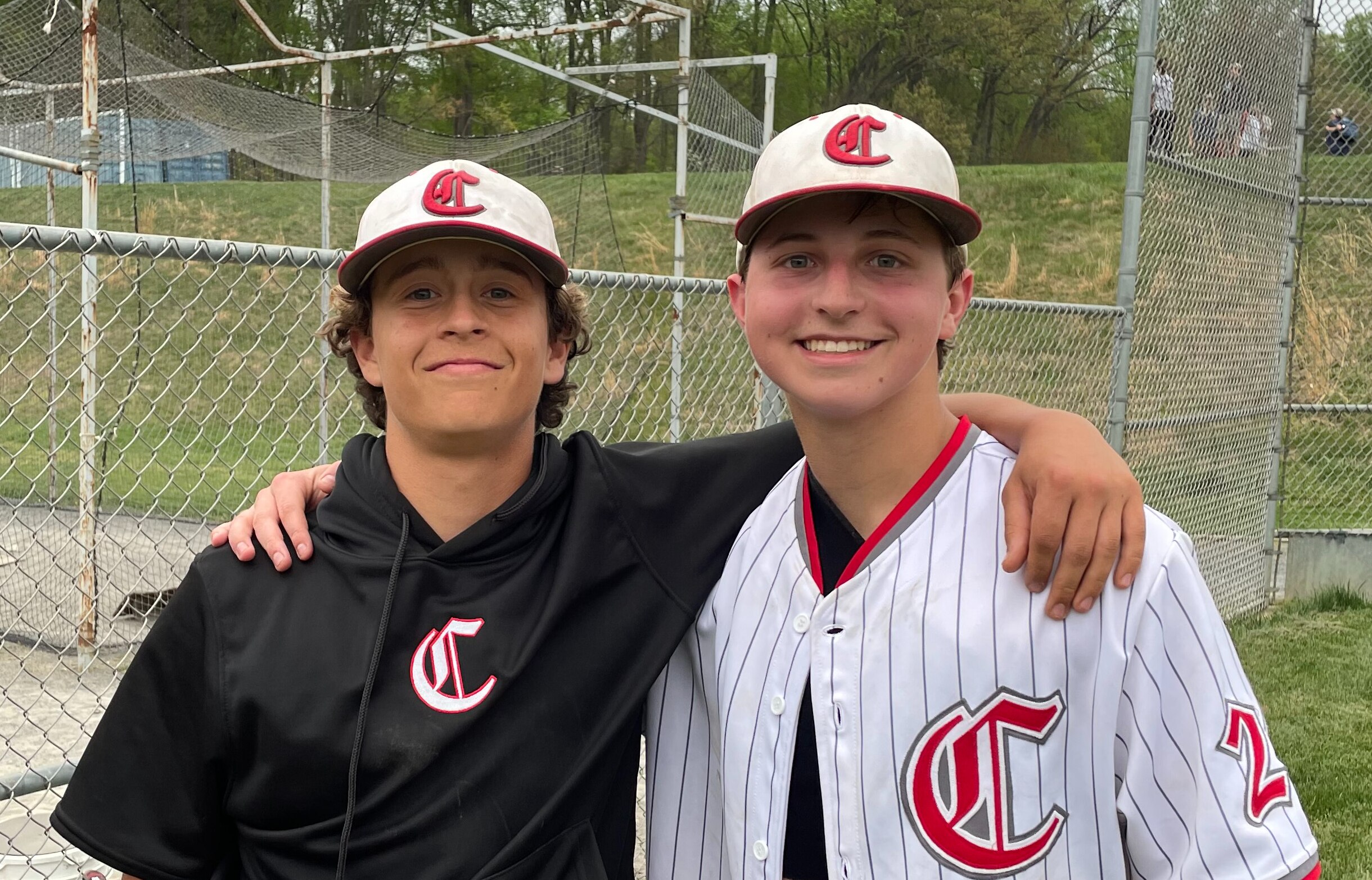 Philip Heleba (left) and Charlie Wentker helped Centennial maintain first place in the Howard County baseball league Friday afternoon. Heleba plated the winning run with a sac fly in the bottom of the sixth inning while Wentker got the victory in relief as the No. 14 Eagles defeated 11th-ranked Marriotts Ridge, 5-4, in Ellicott City.