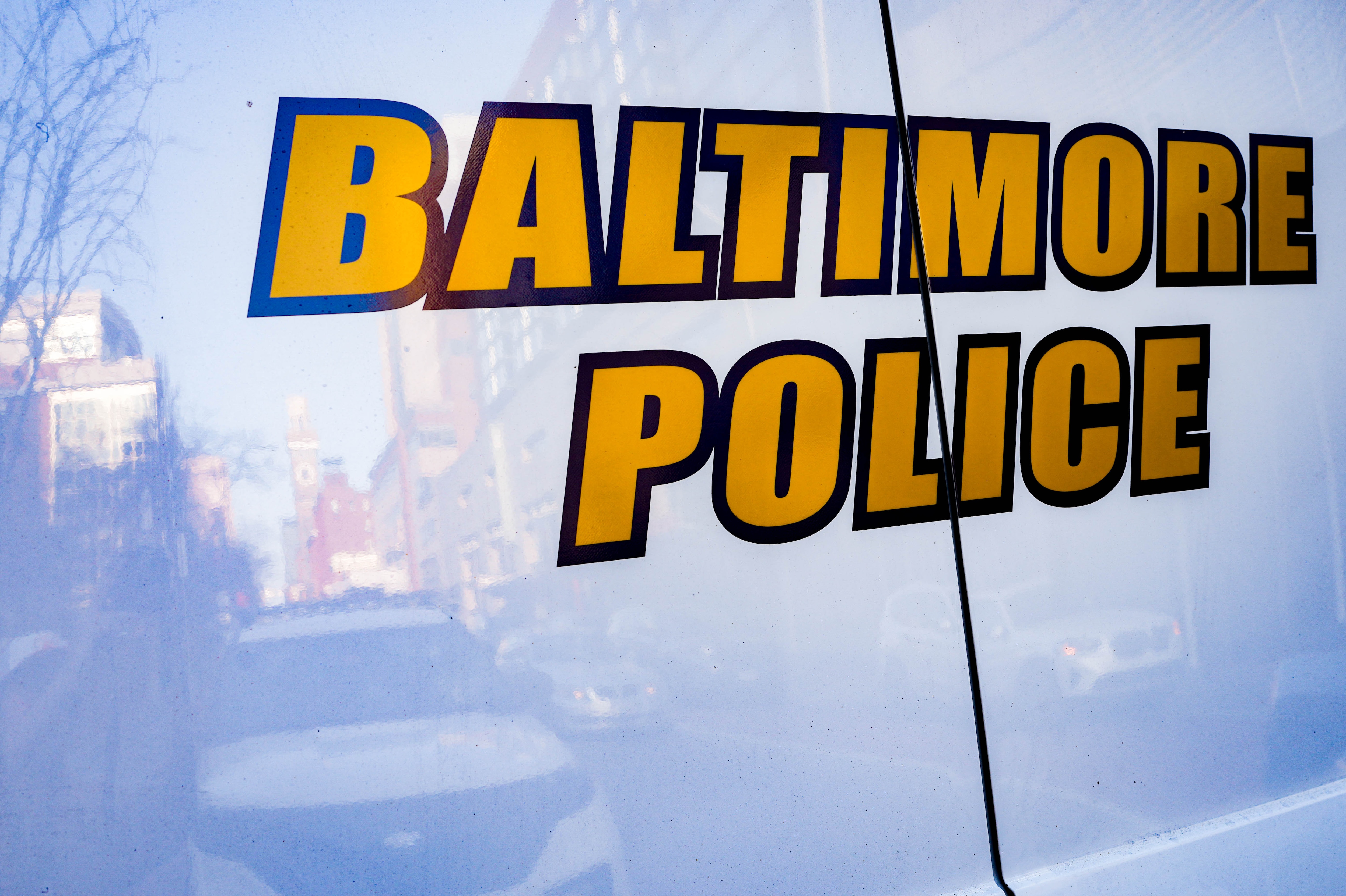 A Baltimore City Police vehicle parked outside of the R Adams Cowley Shock Trauma Center at the University of Maryland in Baltimore on Thursday, March 13, 2025.