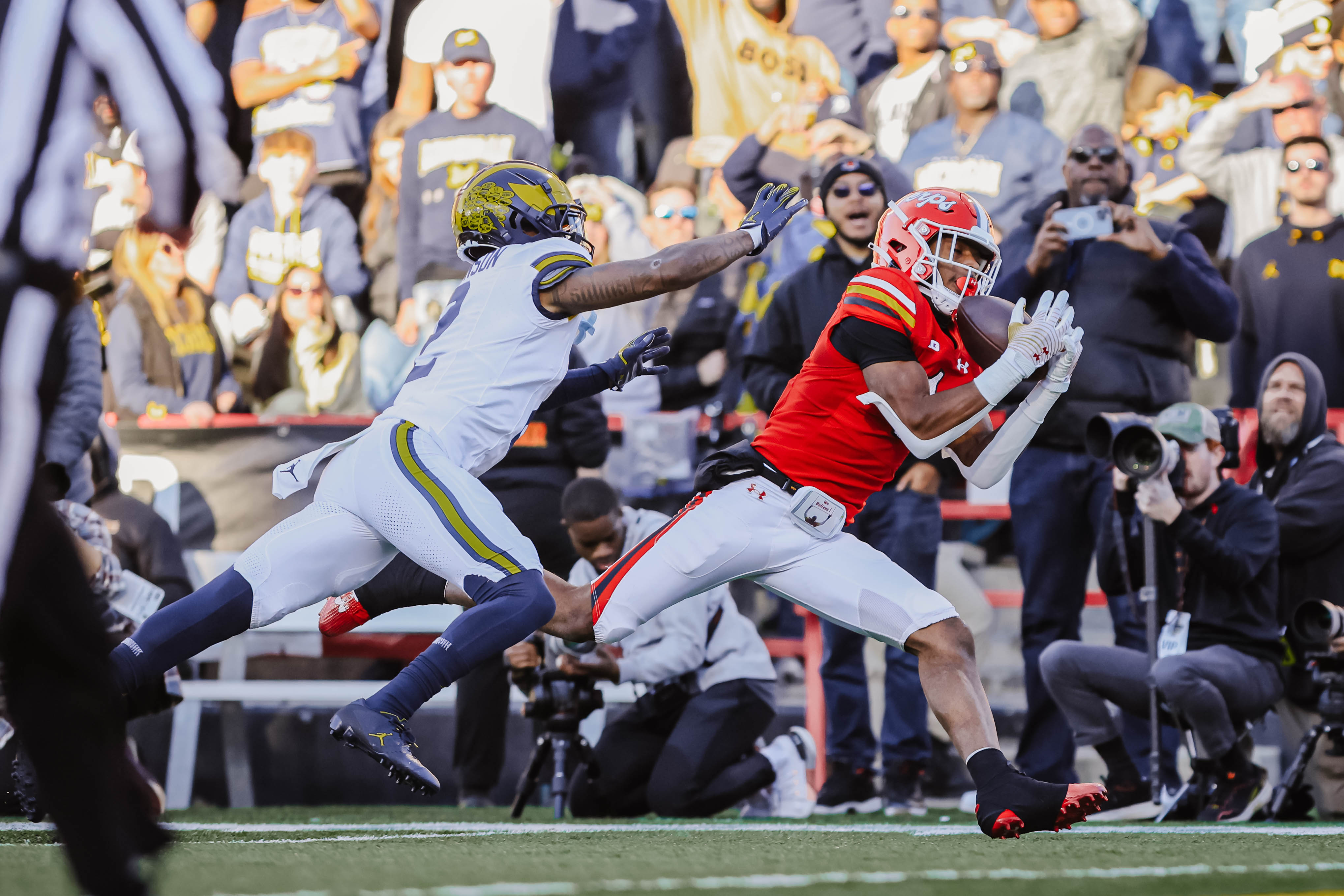 BB-SP-Maryland-Michigan Kaden Prather #1 receiving the ball one yard short of a touchdown.