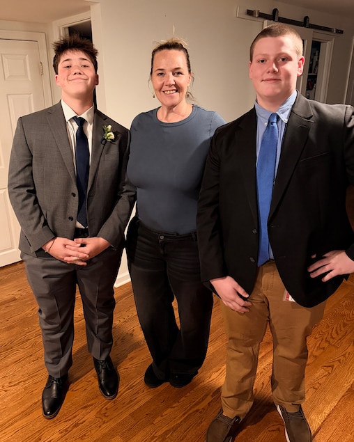 Liam O’Donoghue, mother Fanya O’Donoghue, and Orion Kicklighter before a Calvert Hall High School dance last November.