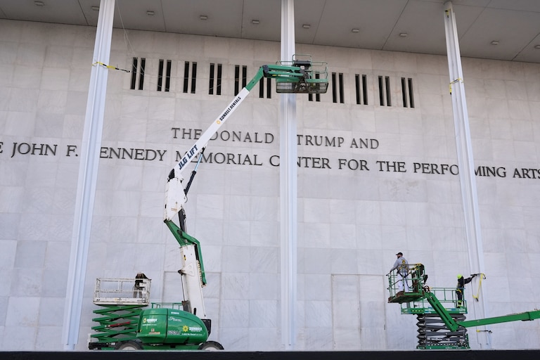 New signage, The Donald J. Trump and The John F. Kennedy Memorial Center for the Performing Arts, is unveiled on the Kennedy Center, Friday, Dec. 19, 2025, in Washington. (AP Photo/Jacquelyn Martin)