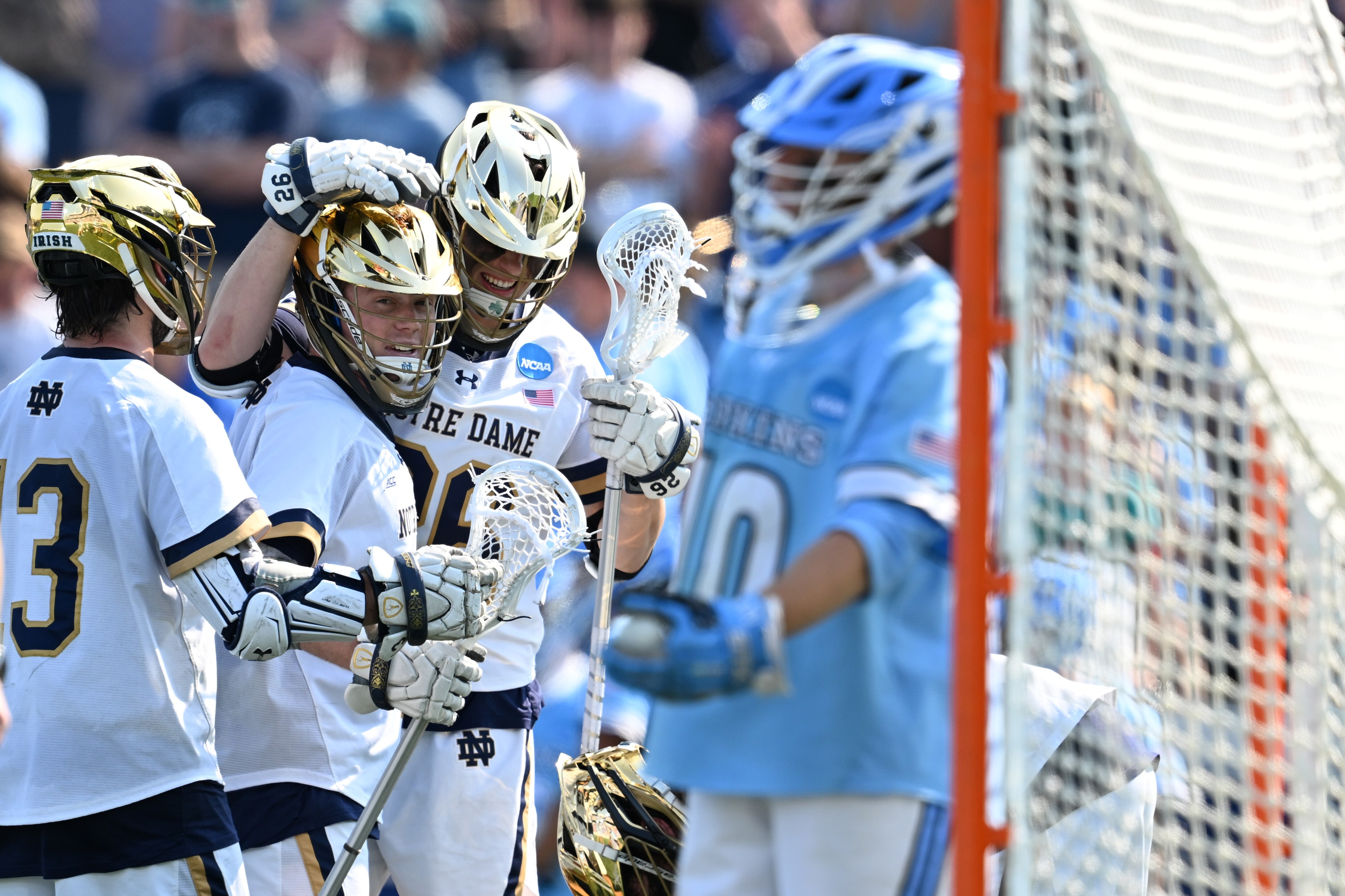Notre Dame celebrates after scoring against Johns Hopkins  during the NCAA quarterfinal lacrosse game Sunday, May 21, 2023 in Annapolis, MD. Notre Dame won 12-9.