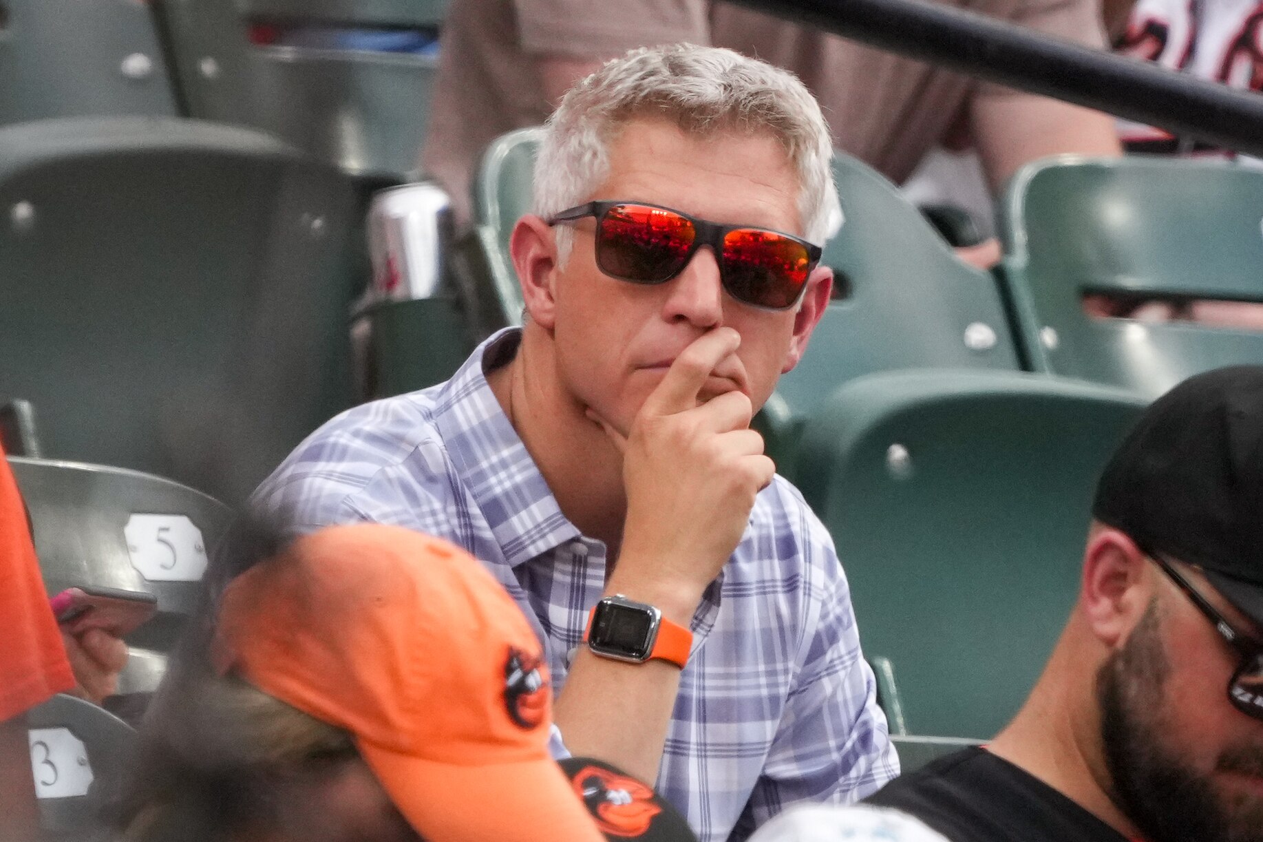 Orioles general manager Mike Elias watches a game against the Cleveland Guardians from his preferred spot in June.