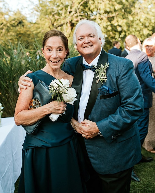 Jeff Wright with his wife Denise at their daughter Alix's wedding in Montauk, NY in 2021.