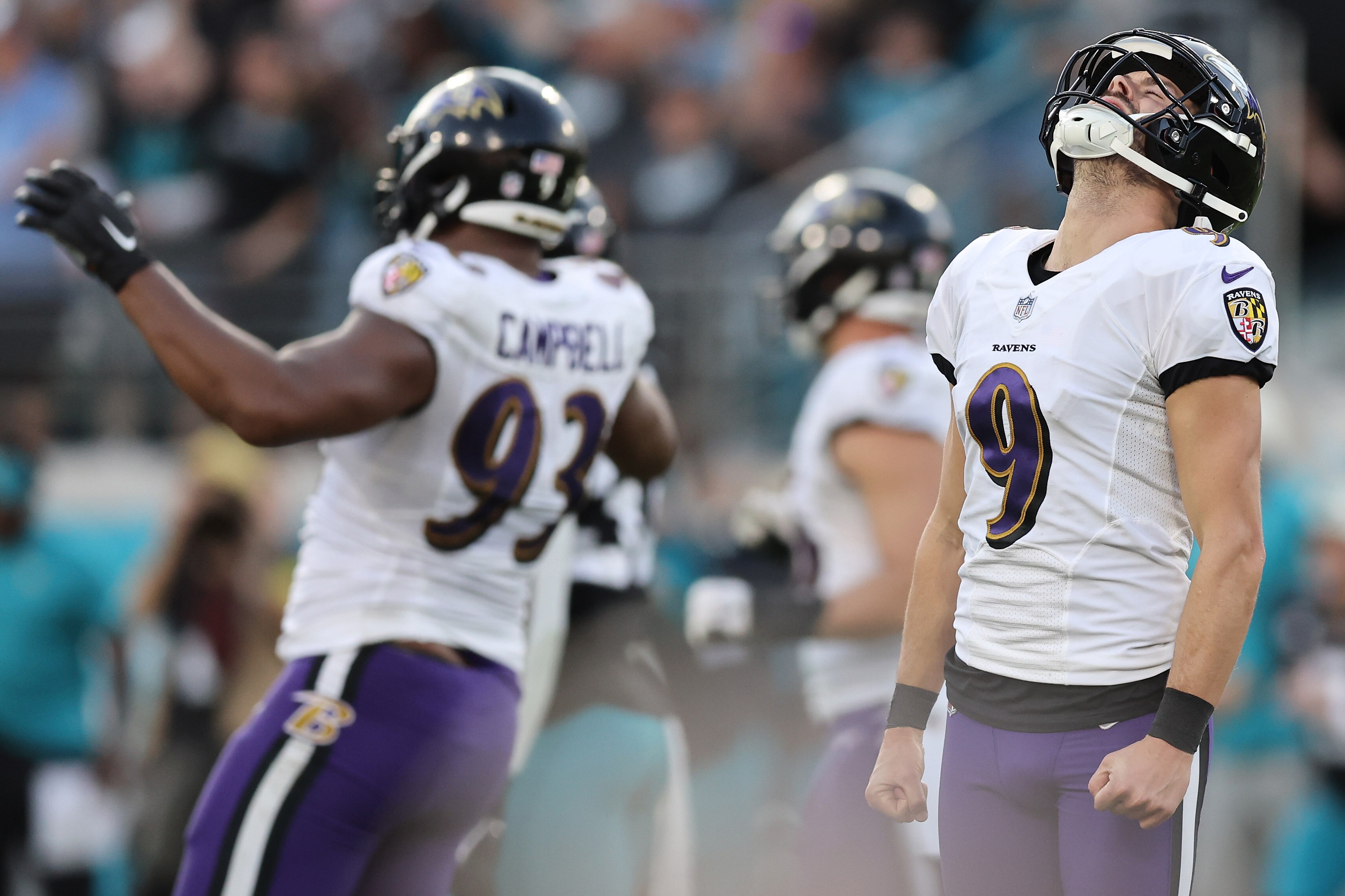 JACKSONVILLE, FLORIDA - NOVEMBER 27: Justin Tucker #9 of the Baltimore Ravens reacts after a missed field goal during the fourth quarter in the game against the Jacksonville Jaguars at TIAA Bank Field on November 27, 2022 in Jacksonville, Florida. (Photo by Mike Carlson/Getty Images)