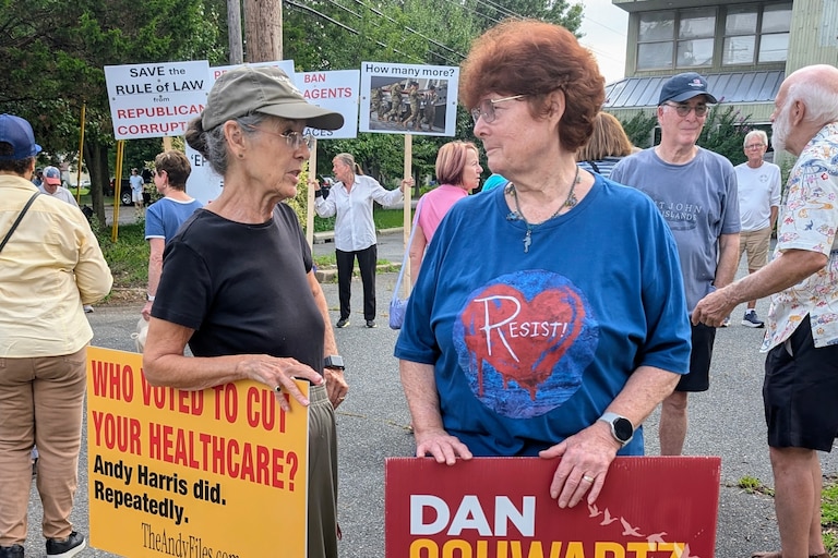 Kathy Cook, left, and Bridgete Hoekin came to the rally on July 22 to hear candidate Dan Schwartz.
