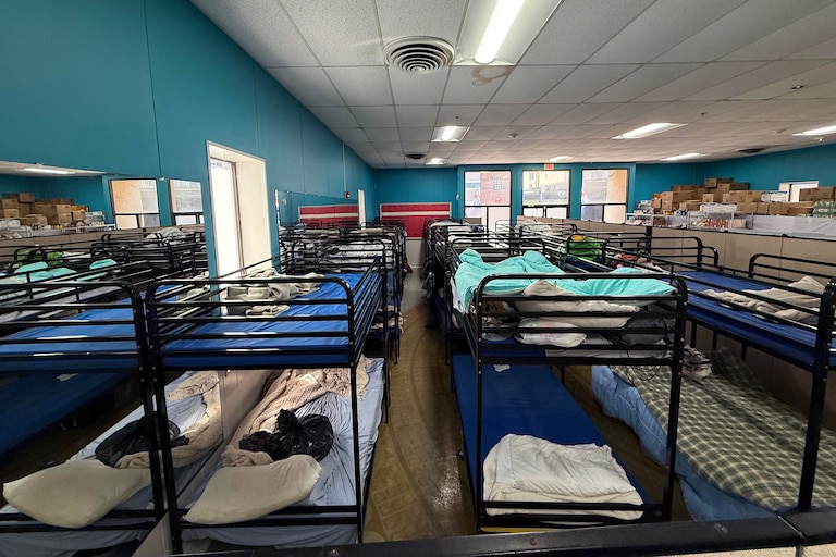 Bunk beds hidden behind a room divider in the parish hall of St. Paul’s By-The-Sea Episcopal Church in Ocean City.