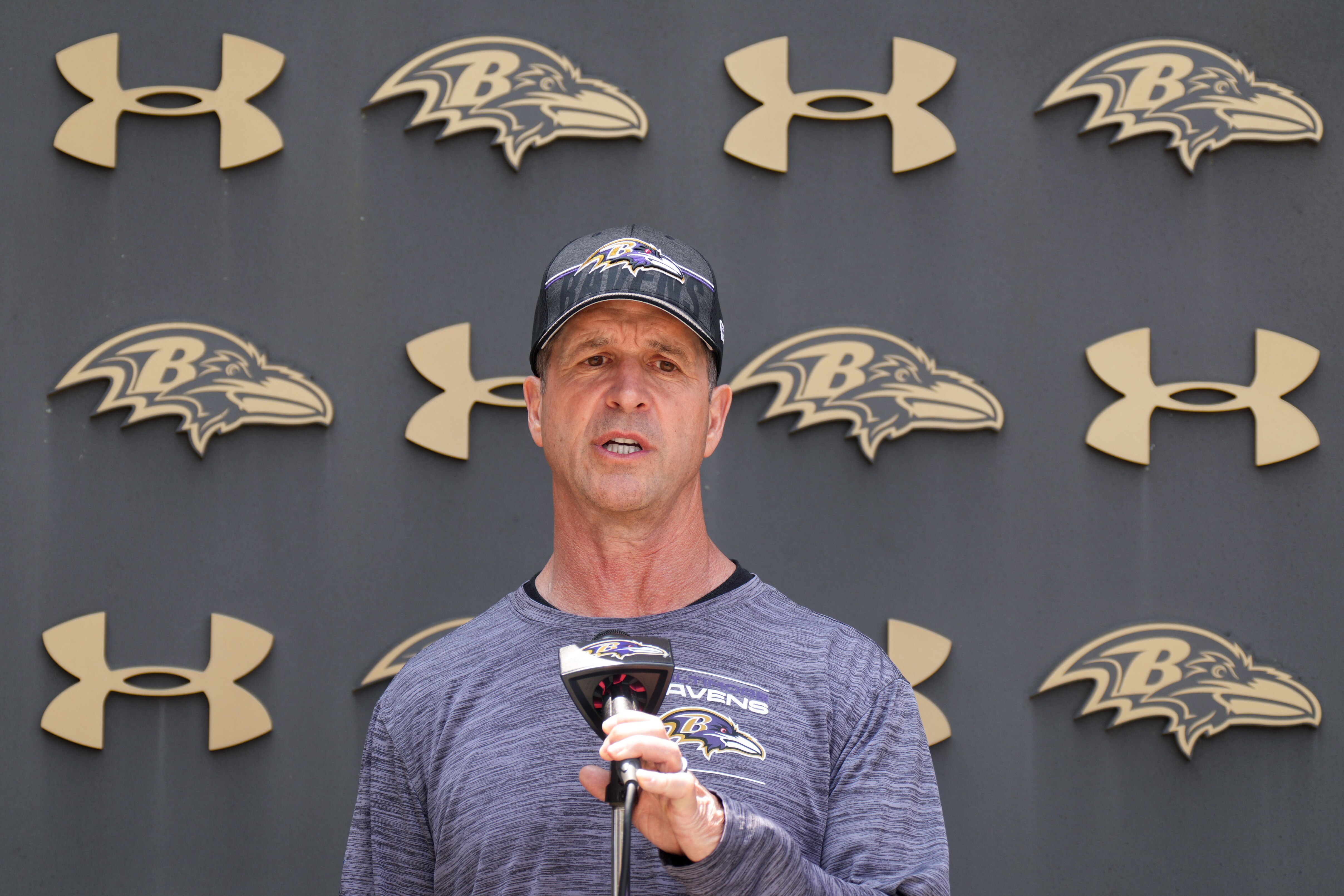 Baltimore Ravens head coach John Harbaugh speaks with reporters following a minicamp session at the Under Armour Performance Center in Owings Mills on Thursday, June 15, 2023.