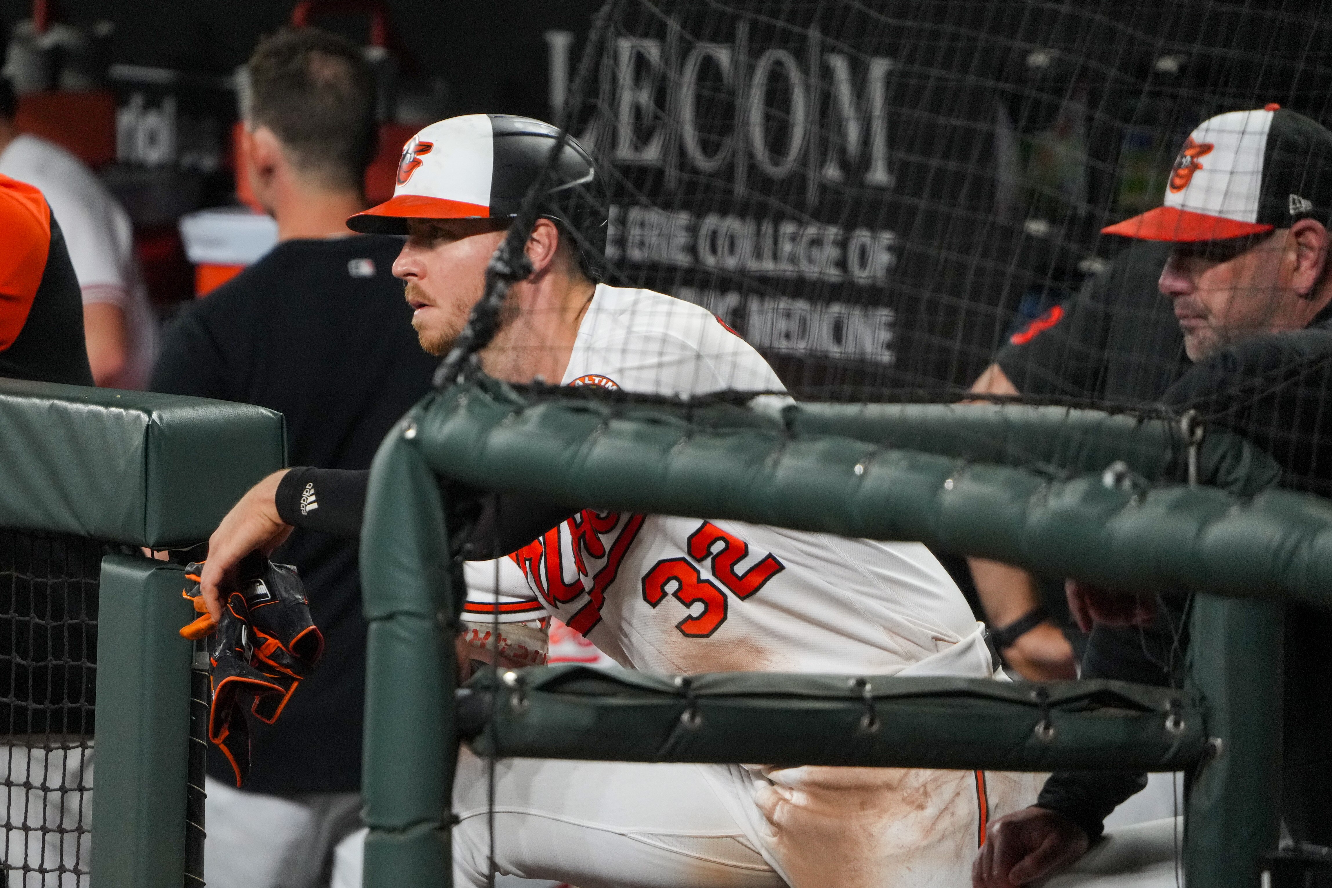 Baltimore Orioles outfielder Ryan O'Hearn (32) watches his teammates from the dugout during a baseball game against the Chicago White Sox at Camden Yards on Monday, August 28.