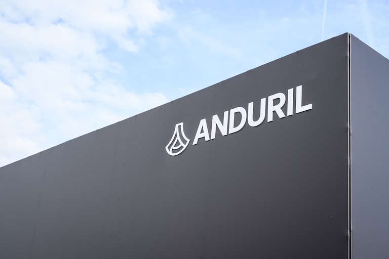 FARNBOROUGH, ENGLAND - JULY 24: The Anduril Industries, Inc. logo is seen on a pavilion at Farnborough International Exhibition Centre on July 24, 2026 in Farnborough, England. Farnborough International Airshow 2026 hosts leading innovators from the aerospace, aviation and defence industries. (Photo by Leon Neal/Getty Images)