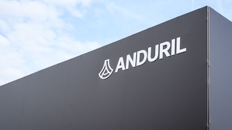 FARNBOROUGH, ENGLAND - JULY 24: The Anduril Industries, Inc. logo is seen on a pavilion at Farnborough International Exhibition Centre on July 24, 2026 in Farnborough, England. Farnborough International Airshow 2026 hosts leading innovators from the aerospace, aviation and defence industries. (Photo by Leon Neal/Getty Images)