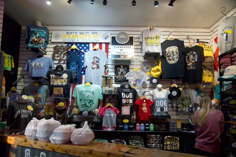 Buxy’s leans into its Steelers and dog theme with a busy swag shop in the back of the restaurant.