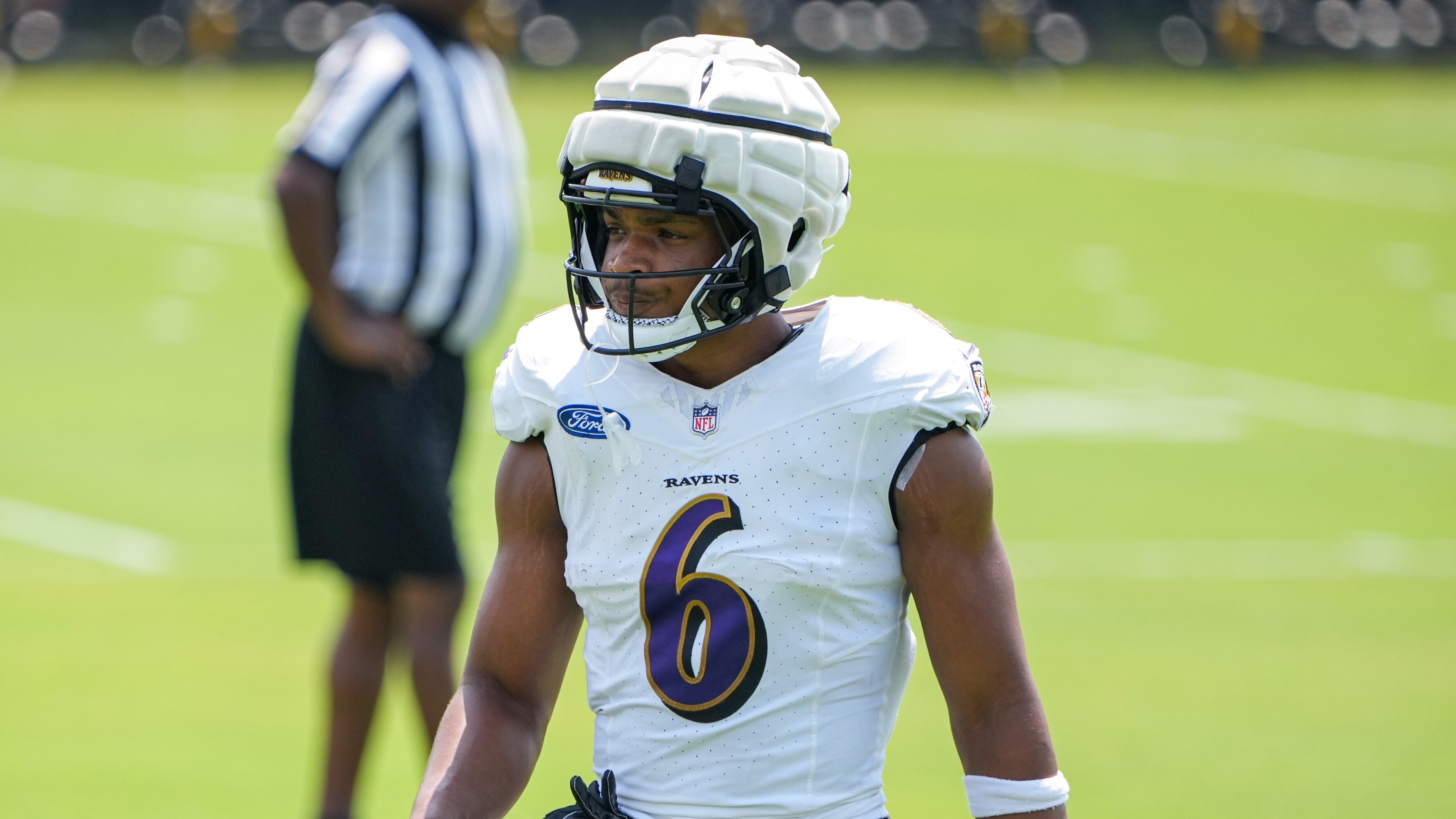 Baltimore Ravens safety Beau Brade (6) gets ready for a new drill with teammates during the team’s Training Camp at the Under Armour Performance Center in Owings Mills on Thursday, August 1, 2024.