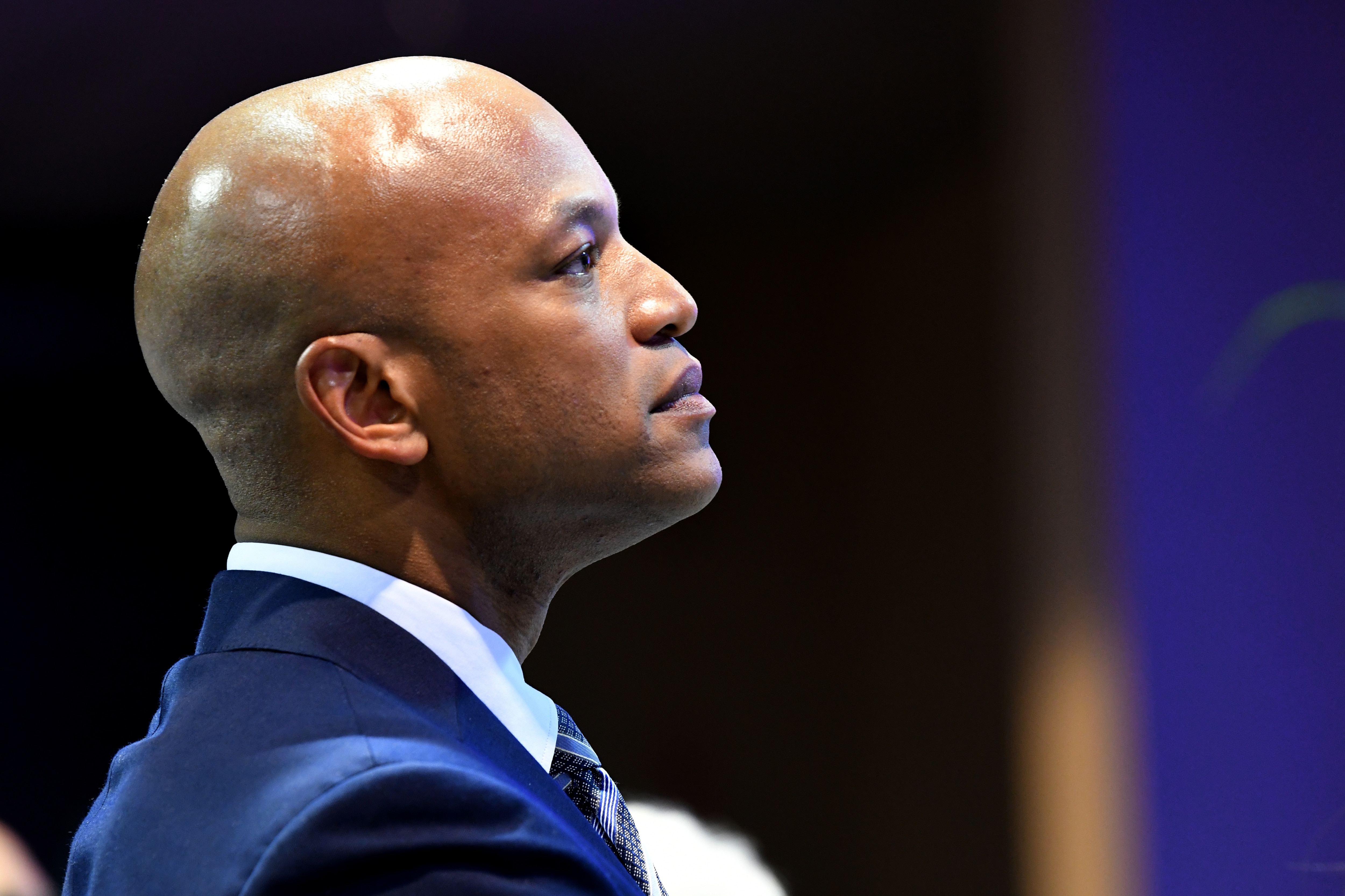 Maryland Gov. Wes Moore listens to speakers at the South Carolina Democratic Party's Blue Palmetto Dinner in Columbia, S.C. on Friday, May 30, 2025.