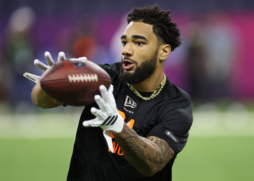 Elijah Sarratt of the Indiana Hoosiers participates in a drill during the 2026 NFL Scouting Combine at Lucas Oil Stadium on February 28, 2026 in Indianapolis, Indiana.