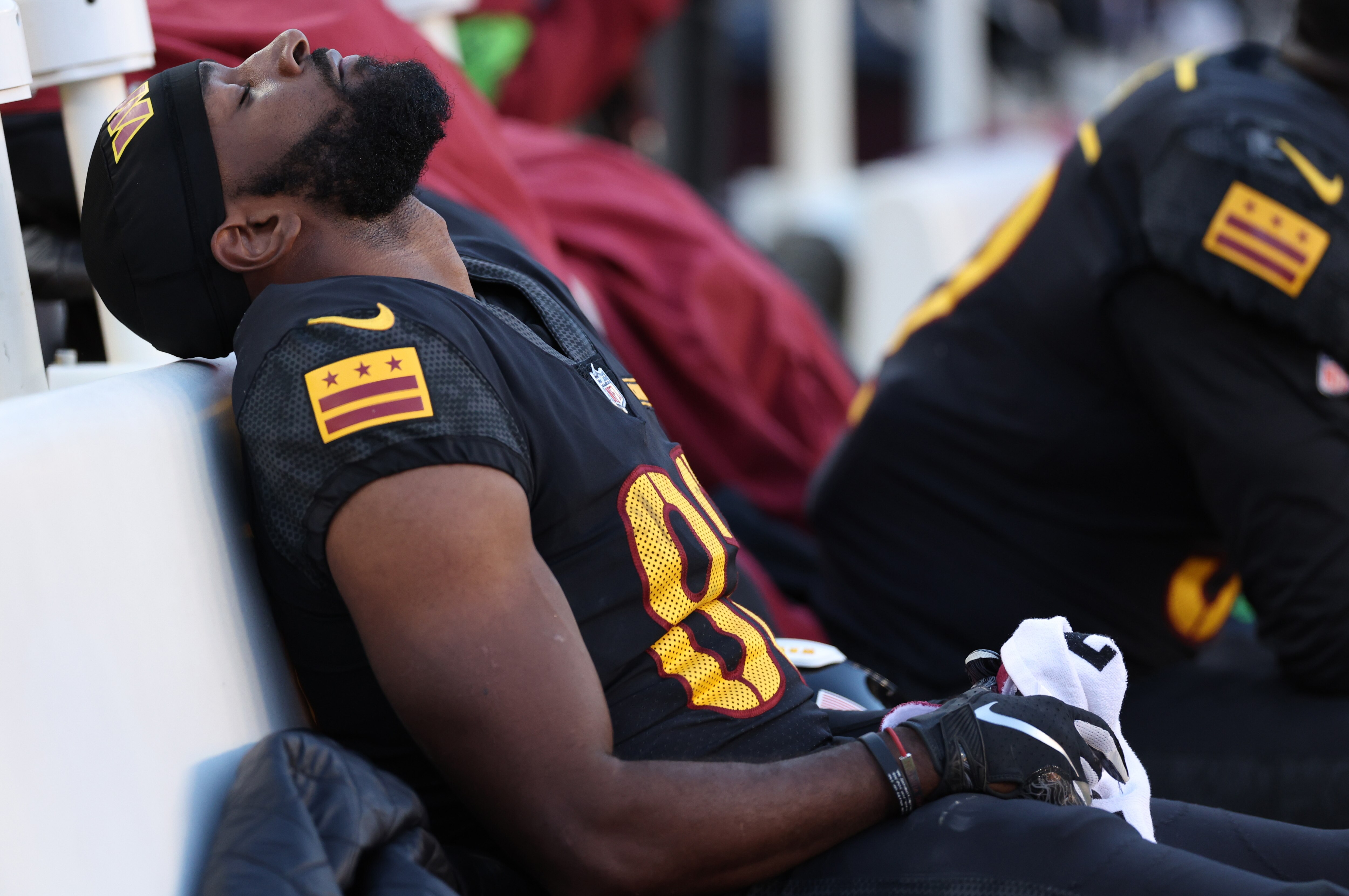 The Commanders' Jamison Crowder tries to cope with the end of Sunday's 31-19 loss to the New York Giants.