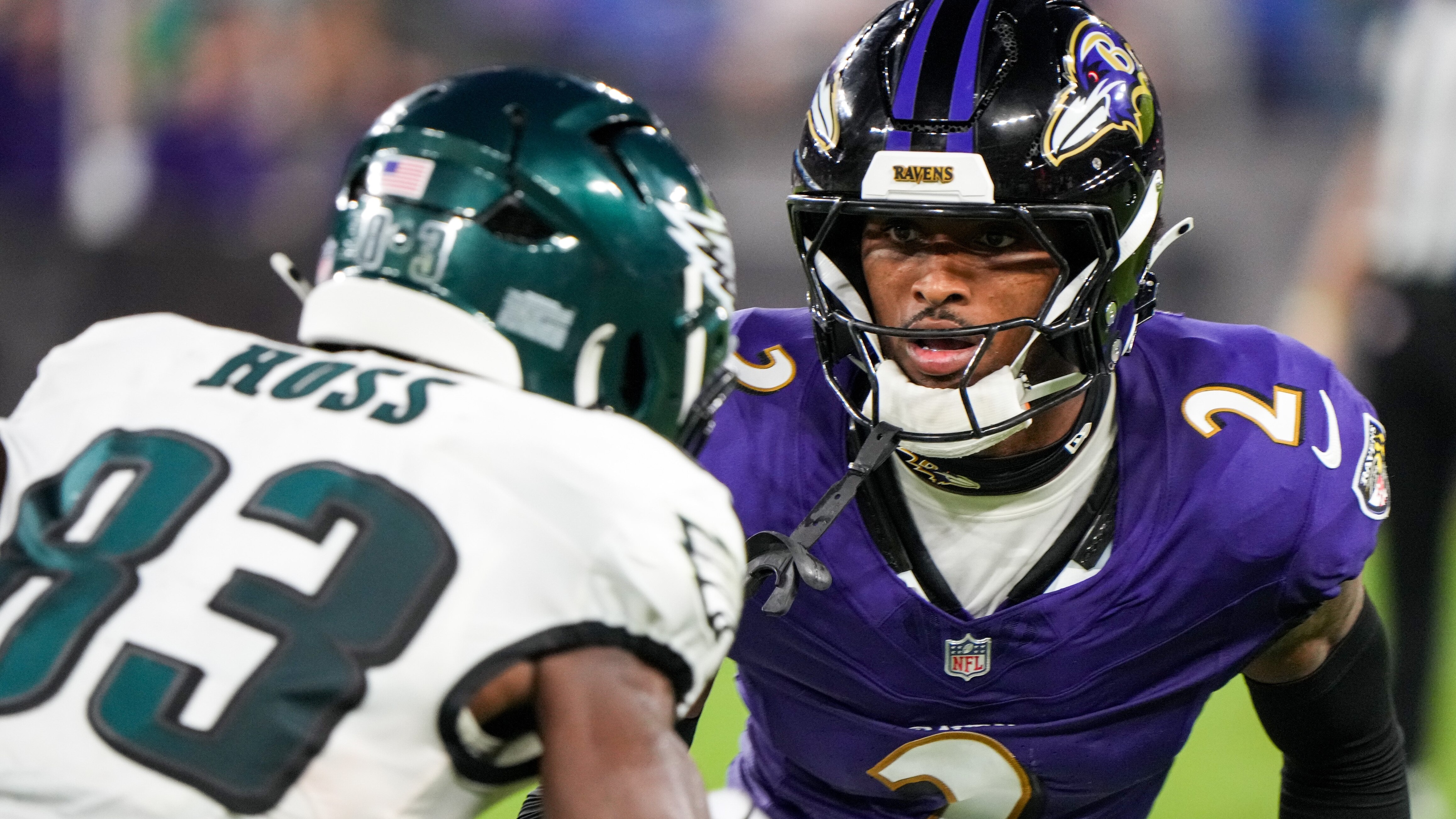Baltimore Ravens cornerback Nate Wiggins (2) guards Philadelphia Eagles wide receiver John Ross (83) on a route in the second quarter of the teams’ preseason game at M&T Bank Stadium in Baltimore on Friday, August 09, 2024.