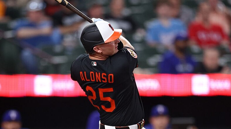 First baseman Pete Alonso hits his first home run as a member of the Orioles during the fourth inning against the Texas Rangers on March 31.