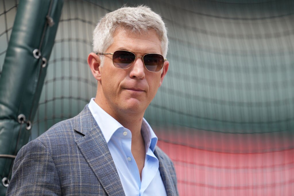 General manager and Executive Vice President Mike Elias of the Baltimore Orioles looks on during batting practice prior to a baseball game against the New York Mets at Oriole Park at Camden Yards on Aug. 5, 2023 in Baltimore, Maryland.  (Photo by Mitchell Layton/Getty Images)
