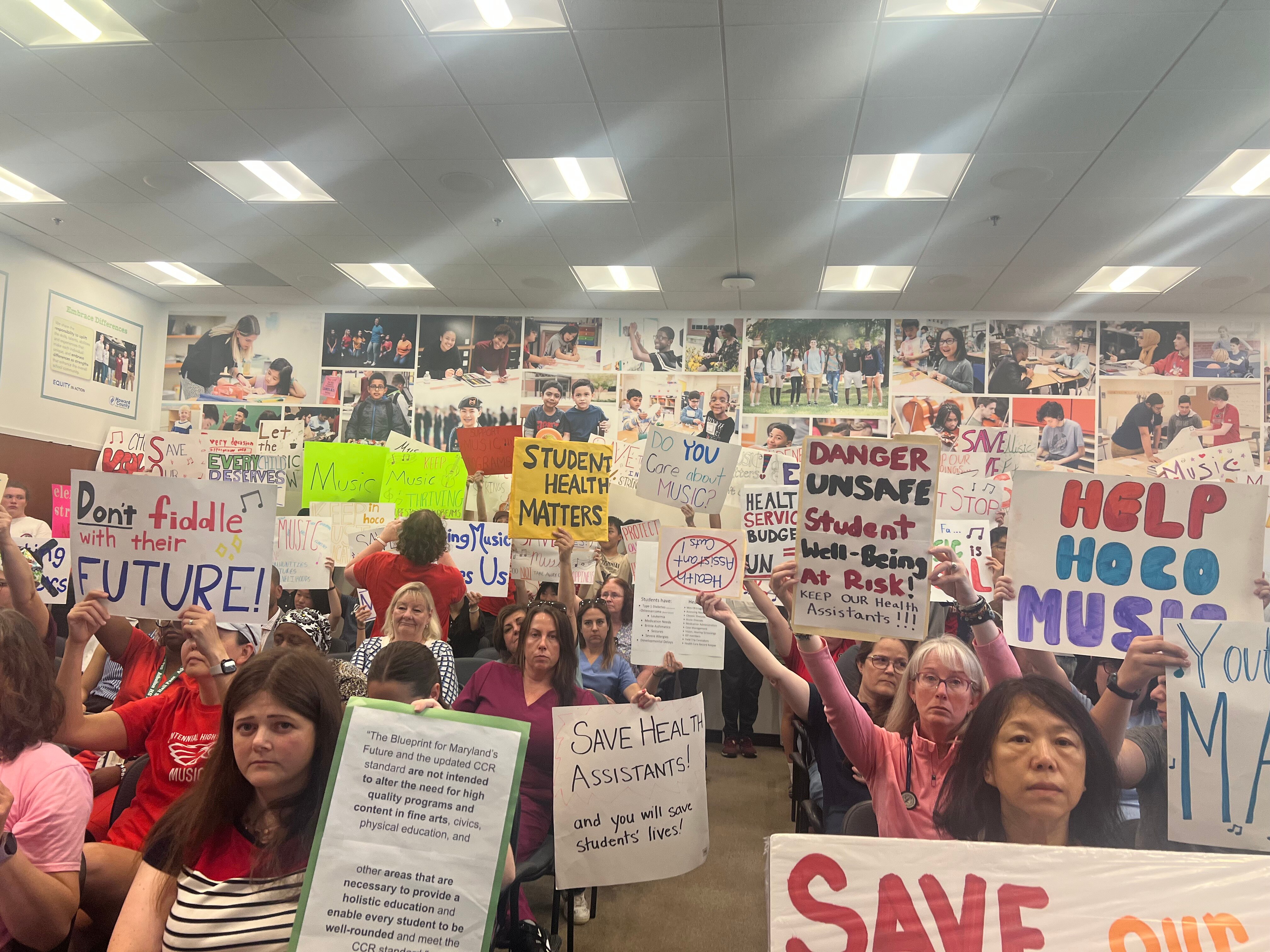 Howard County students, parents and community members packed the Board of Education Thursday afternoon looking to save funding for several district programs and positions.