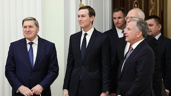 Russian Presidential foreign policy adviser Yuri Ushakov, left, U.S. President Donald Trump's son-in-law Jared Kushner, center, U.S. special envoy Steve Witkoff, foreground right, and Russian Direct Investment Fund CEO Special Presidential Representative for Investment and Economic Cooperation with Foreign Countries Kirill Dmitriev, behind Witkoff, arrive to attend talks with Russian President Vladimir Putin at the Senate Palace of the Kremlin in Moscow, Russia, Dec. 2, 2025.