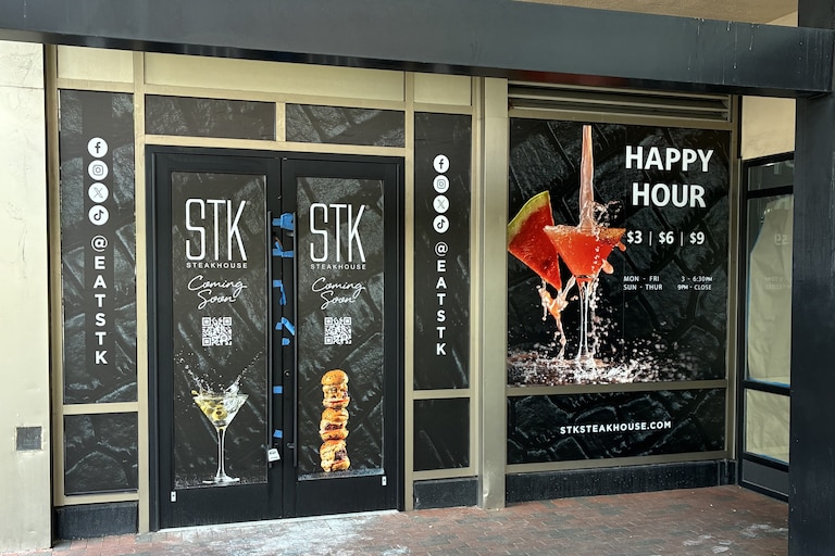 Signage for STK covers the doors of 1 E. Pratt St. on June 5, 2026.