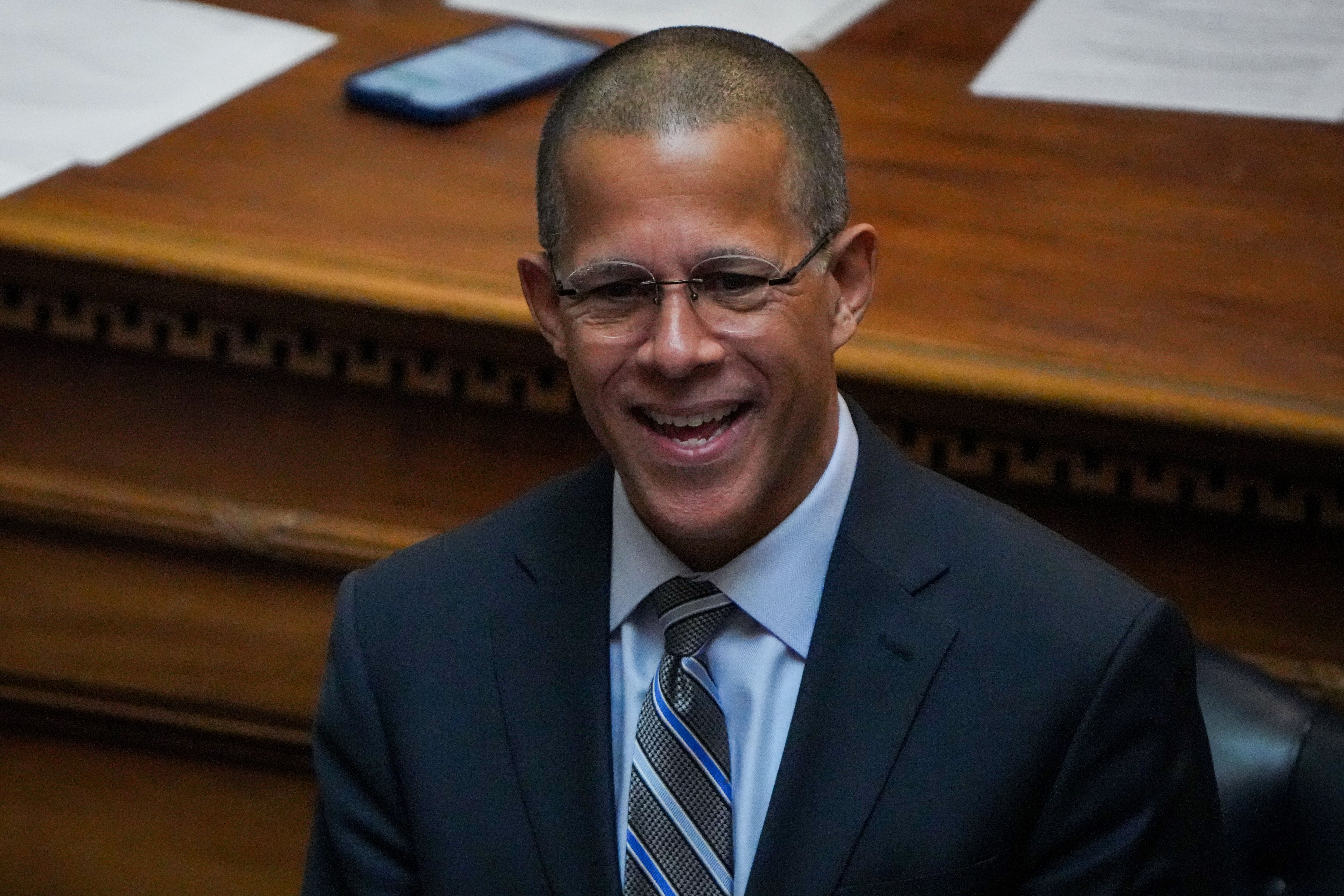 Maryland Attorney General Anthony Brown greets the delegates and senators before Gov. Wes Moore delivers his first State of the State address on 2/1/23 at the Maryland State House.