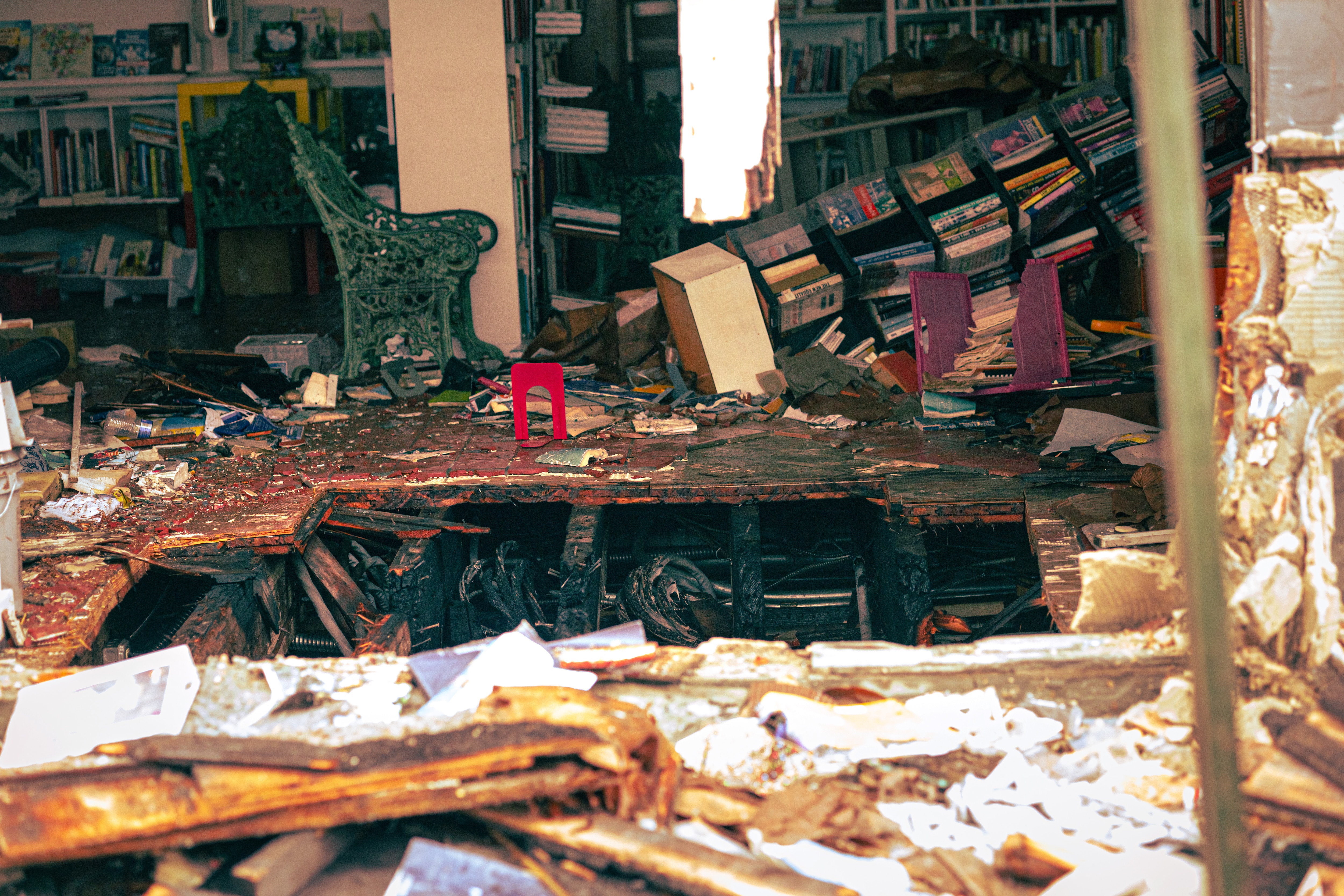 The interior of Viva Books in downtown Baltimore was badly damaged in a fire that officials say started underground.