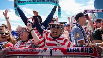 Fans celebrate during the announcement of the United States men's national soccer team roster, Tuesday, May 26, 2026, in New York, ahead of the FIFA World Cup soccer tournament. (AP Photo/Eduardo Munoz Alvarez)
