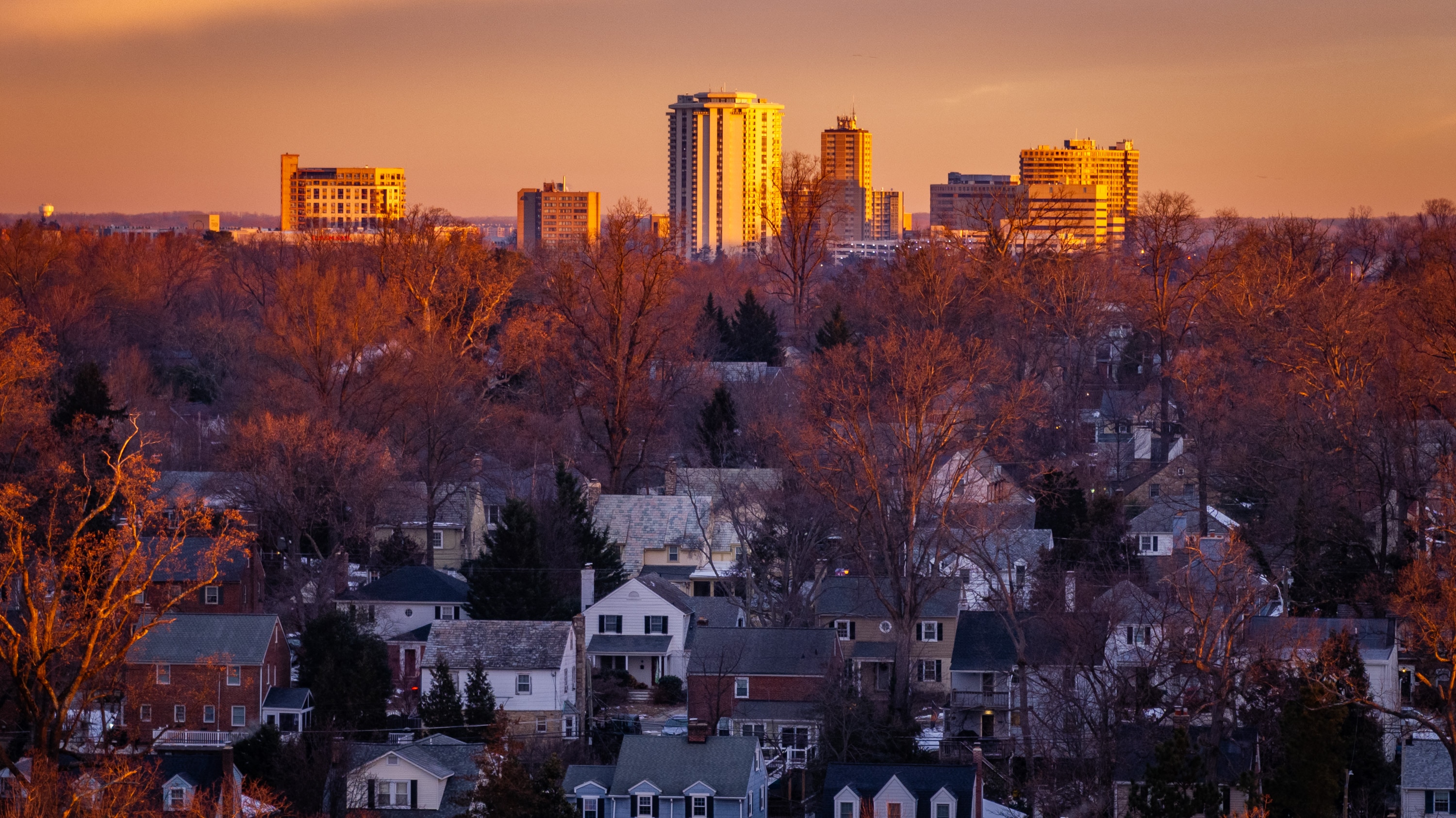 The Towson skyline glows in the colors of a winter sunrise.