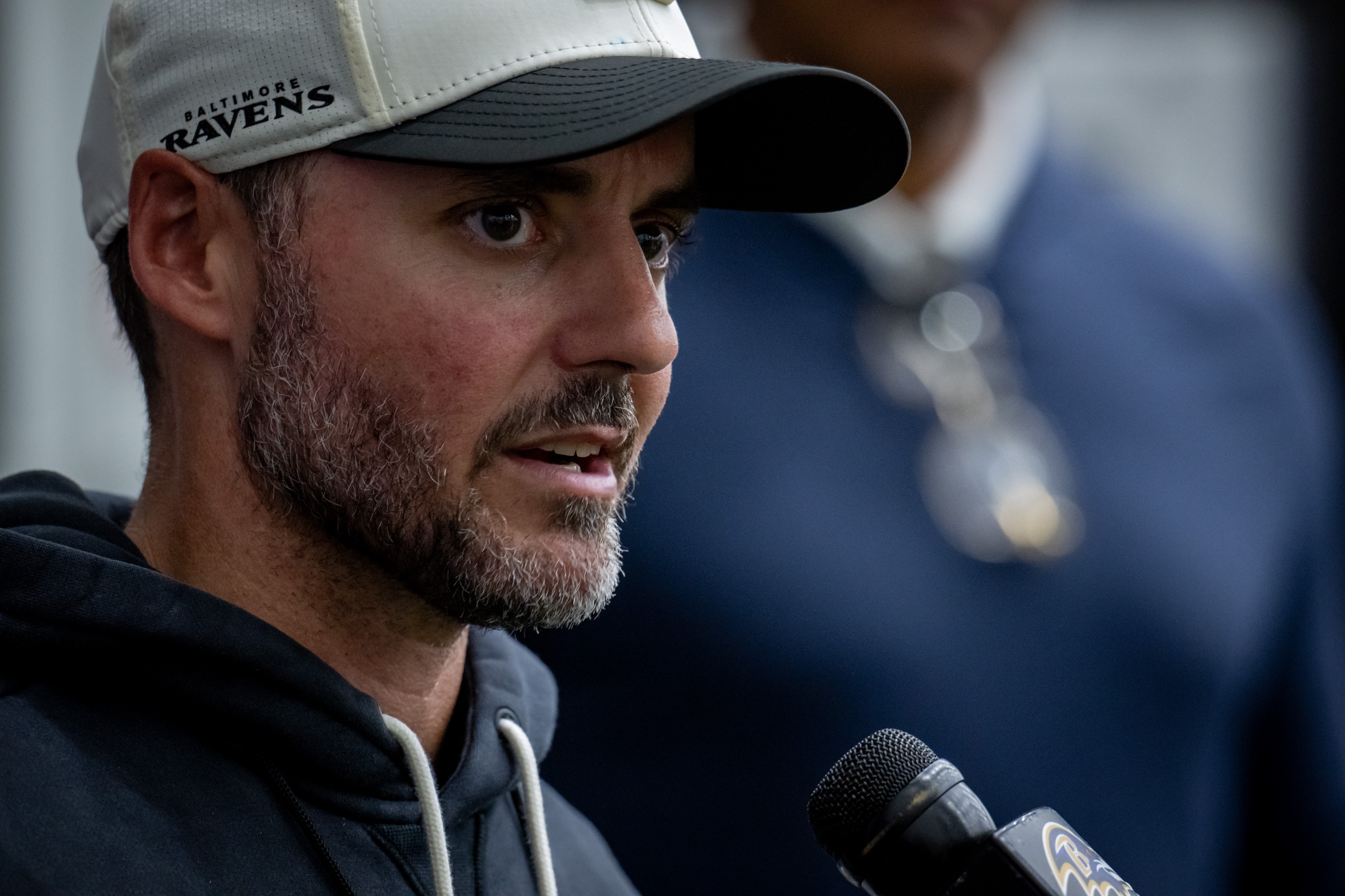 Ravens head coach Jesse Minter takes questions from reporters following organized team activities Wednesday.