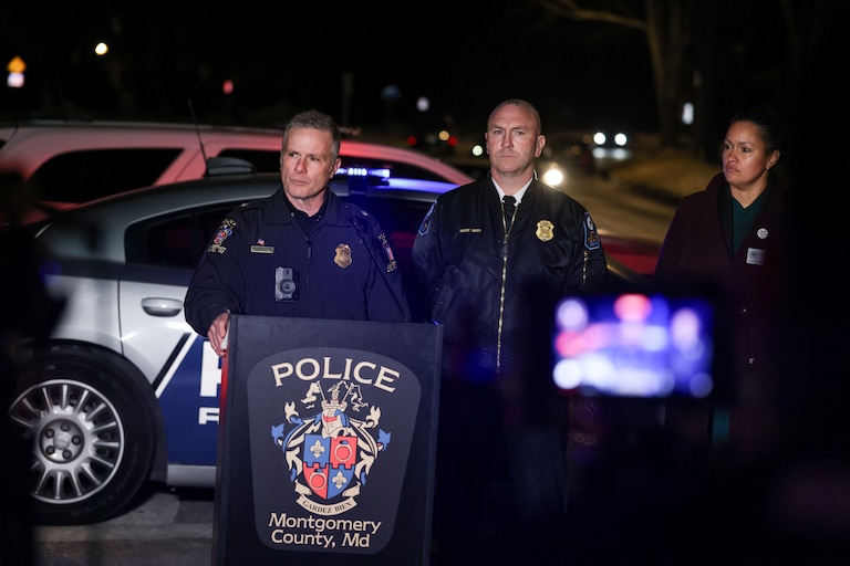 Montgomery County Assistant Police Chief David McBain speaks about a shooting at Thomas S. Wootton High School at a press conference in Rockville on Monday evening.