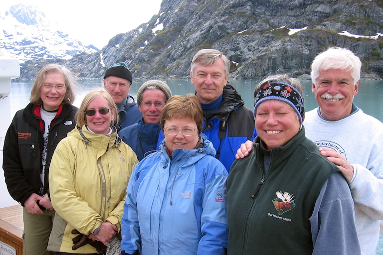 Don Steinwachs with friends in front of Johns Hopkins Glacier in Alaska in 2007. Front row from left, Ann Zauber, Sheila West, Sherry Steinwachs and Donna Helm. Back row from left, Peter Zauber, Matt Lynch, Don Steinwachs, John Nolan.
