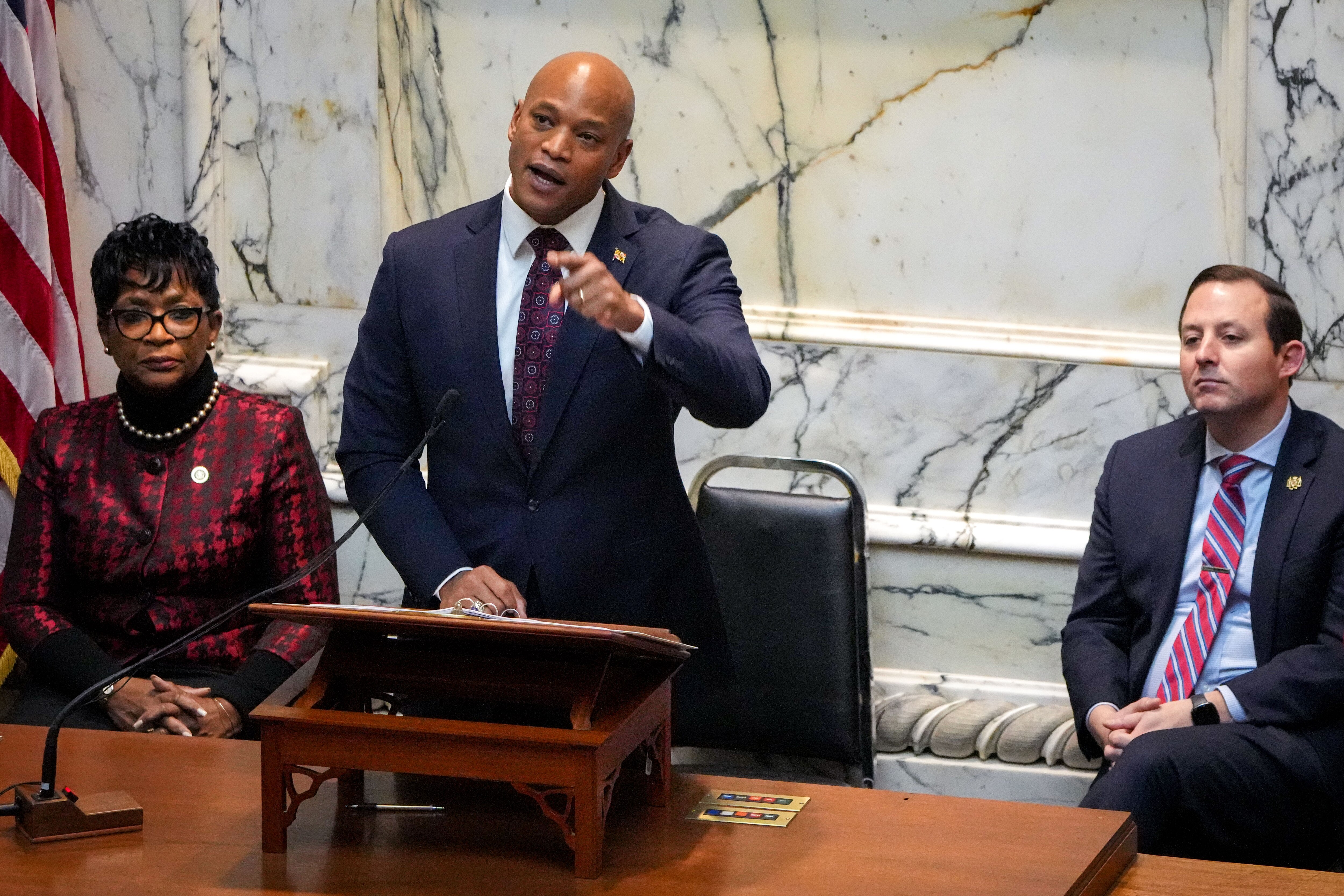 Gov. Wes Moore, center, and General Assembly leaders House Speaker Adrienne A. Jones and Senate President Bill Ferguson are grappling with a tough financial picture for the state government's budget.