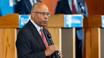 University of Baltimore President Kurt Schmoke speaks ahead of a mayoral debate held at at the school’s H. Mebane Turner Learning Commons on April 30, 2024.