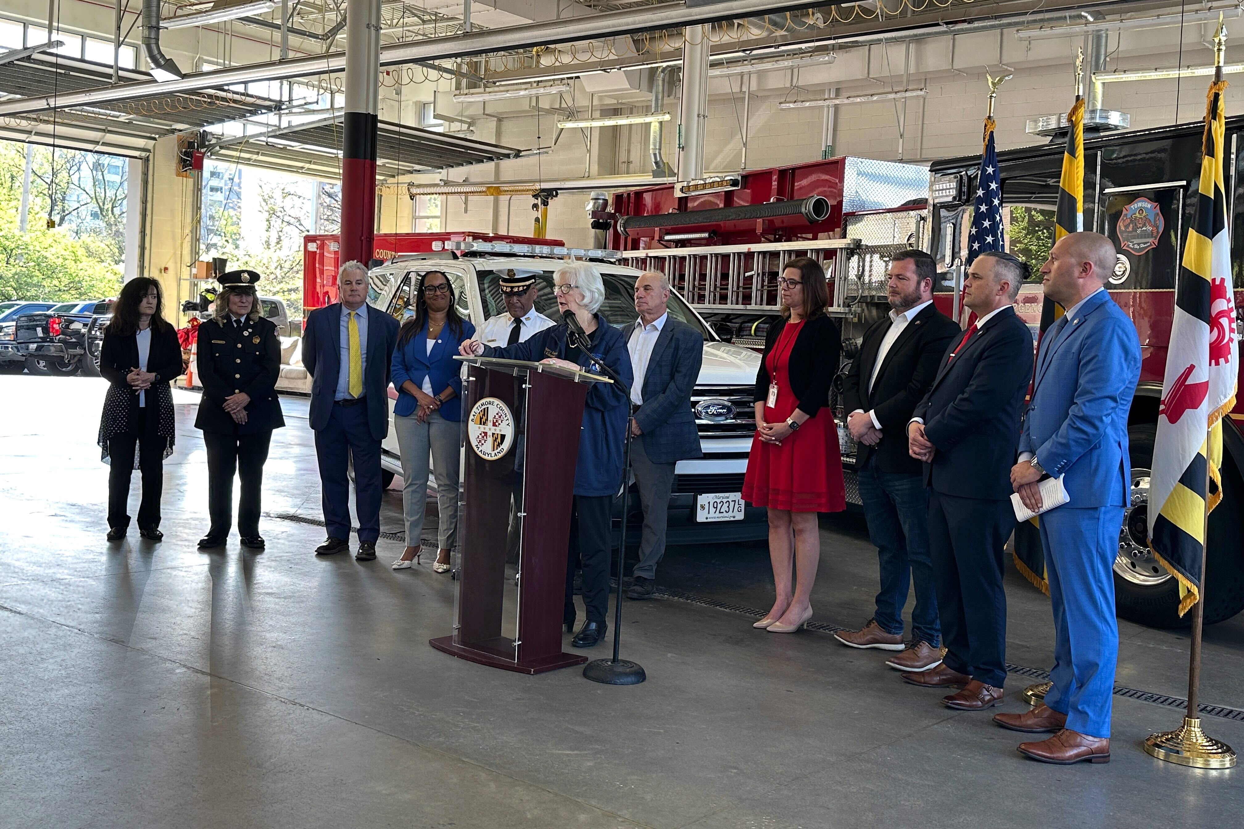 WEDNESDAY, APRIL 15, 2026 - Baltimore County Executive Kathy Klausmeier announces $3.4 million in funding to expand the number of battalion chiefs in the fire department at a news conference at the Towson fire station Wednesday.