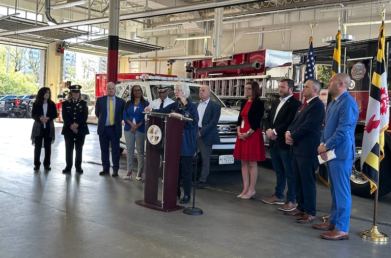 WEDNESDAY, APRIL 15, 2026 - Baltimore County Executive Kathy Klausmeier announces $3.4 million in funding to expand the number of battalion chiefs in the fire department at a news conference at the Towson fire station Wednesday.