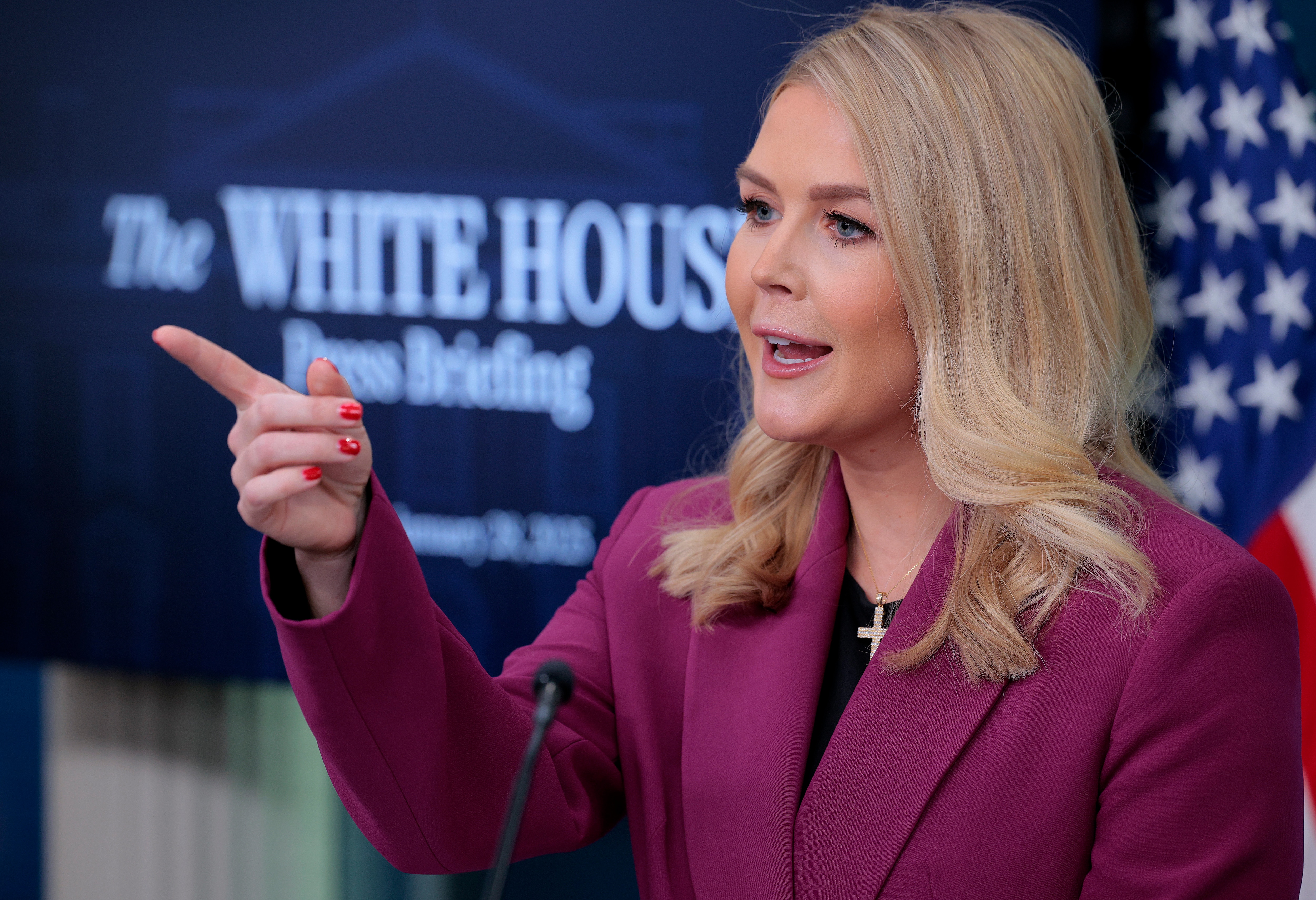 WASHINGTON, DC - JANUARY 28: White House Press Secretary Karoline Leavitt holds her first news conference in the Brady Press Briefing Room at the White House on January 28, 2025 in Washington, DC. At 27-years-old, Leavitt is the youngest White House press secretary in U.S. history. (Photo by Chip Somodevilla/Getty Images)